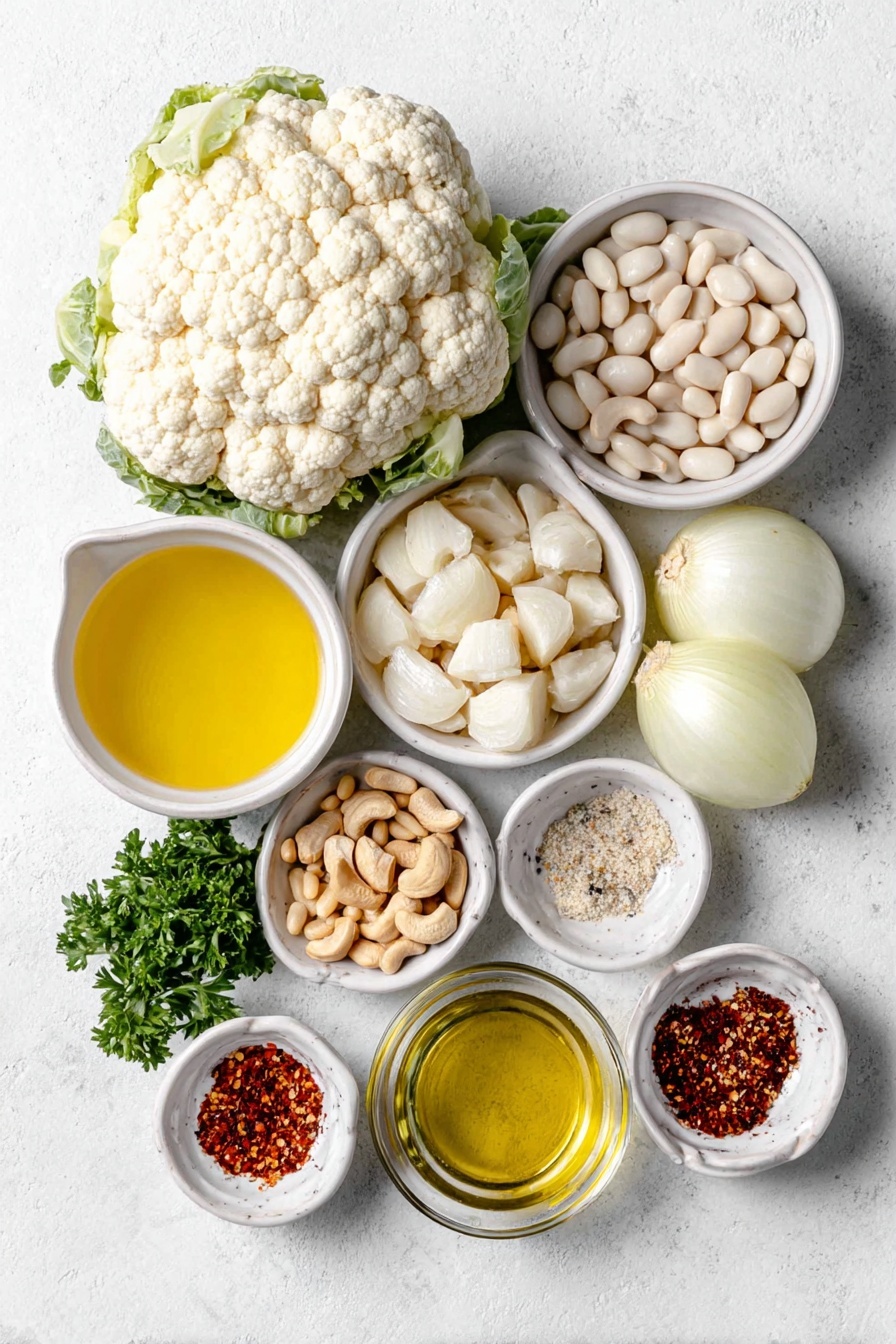 Flat lay of a medium head cauliflower cut into florets, half a medium yellow onion sliced, five whole peeled garlic cloves, a small white bowl of cashews, a small white bowl of rinsed white beans, a small white bowl of vegetable broth, a small white bowl of water, a small white bowl of avocado oil, a small white bowl of lemon juice, a few fresh parsley sprigs, a small white bowl of pine nuts, a small white bowl of red pepper flakes, a small white bowl of olive oil, and a small white bowl with ground nutmeg, all arranged with perfect symmetry on a clean white marble surface, soft natural light, photo taken with an iPhone, professional food photography style, fresh ingredients, white ceramic bowls, no bottles, no duplicates, no utensils, no packaging --ar 2:3 --v 7 --p m7354615311229779997 - Creamy Roasted Cauliflower Soup, roasted cauliflower soup, healthy cauliflower soup, easy cauliflower soup recipe, velvety cauliflower soup