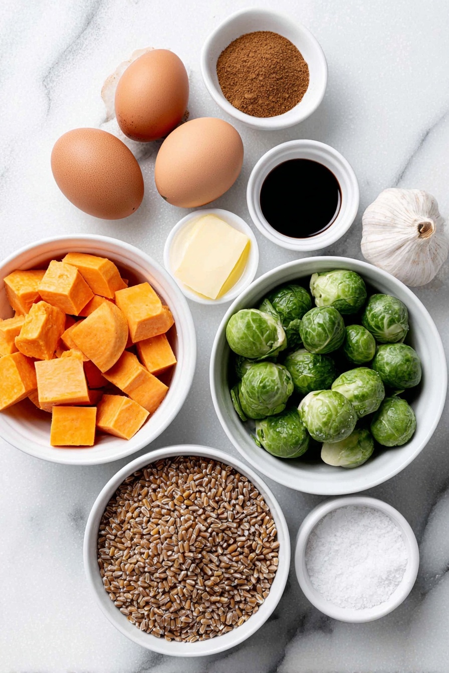 Flat lay of a diced sweet potato showing its bright orange flesh, halved brussels sprouts displaying fresh green leaves, quartered red onion with vivid purple layers, chunks of red bell pepper, a small white ceramic bowl of golden olive oil, a small white ceramic bowl with ground cinnamon powder, a small white ceramic bowl of coarse salt, a white ceramic bowl filled with uncooked farro grains, a handful of fresh green basil leaves, a small white ceramic bowl containing dark red wine vinegar, a small white ceramic bowl holding smooth pale yellow dijon mustard, a whole garlic clove with papery white skin, two whole uncracked brown eggs neatly placed side by side, all ingredients arranged symmetrically on a clean white marble surface, soft natural light, photo taken with an iPhone, professional food photography style, fresh ingredients, white ceramic bowls, no bottles, no duplicates, no utensils, no packaging --ar 2:3 --v 7 --p m7354615311229779997 - Roasted Vegetable Farro Bowl with Egg, healthy roasted vegetable bowl, hearty vegetarian dinner, easy quick weeknight meal, nutritious grain bowl