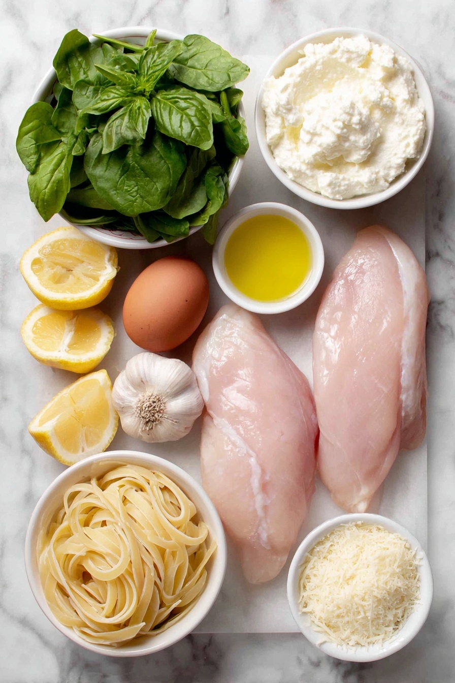 Flat lay of two skinless, boneless raw chicken breasts, a small mound of fresh spinach leaves, a small white ceramic bowl holding creamy ricotta cheese, a few strands of cooked linguine pasta twisted neatly, a small white bowl with olive oil, a small white bowl with melted butter, one whole uncracked brown egg, two whole garlic cloves and one sliced garlic clove, one whole lemon cut in half showing juicy interior and one whole lemon, a small white bowl with freshly grated Parmesan cheese, fresh sprigs of basil and mint leaves scattered naturally, all arranged with perfect symmetry on a clean white marble surface, soft natural light, photo taken with an iPhone, professional food photography style, fresh ingredients, white ceramic bowls, no bottles, no duplicates, no utensils, no packaging --ar 2:3 --v 7 --p m7354615311229779997 - Creamy Spinach Ricotta Pasta with Lemon Chicken, creamy spinach ricotta pasta, lemon chicken skillet, easy lemon chicken recipes, cozy pasta dinner