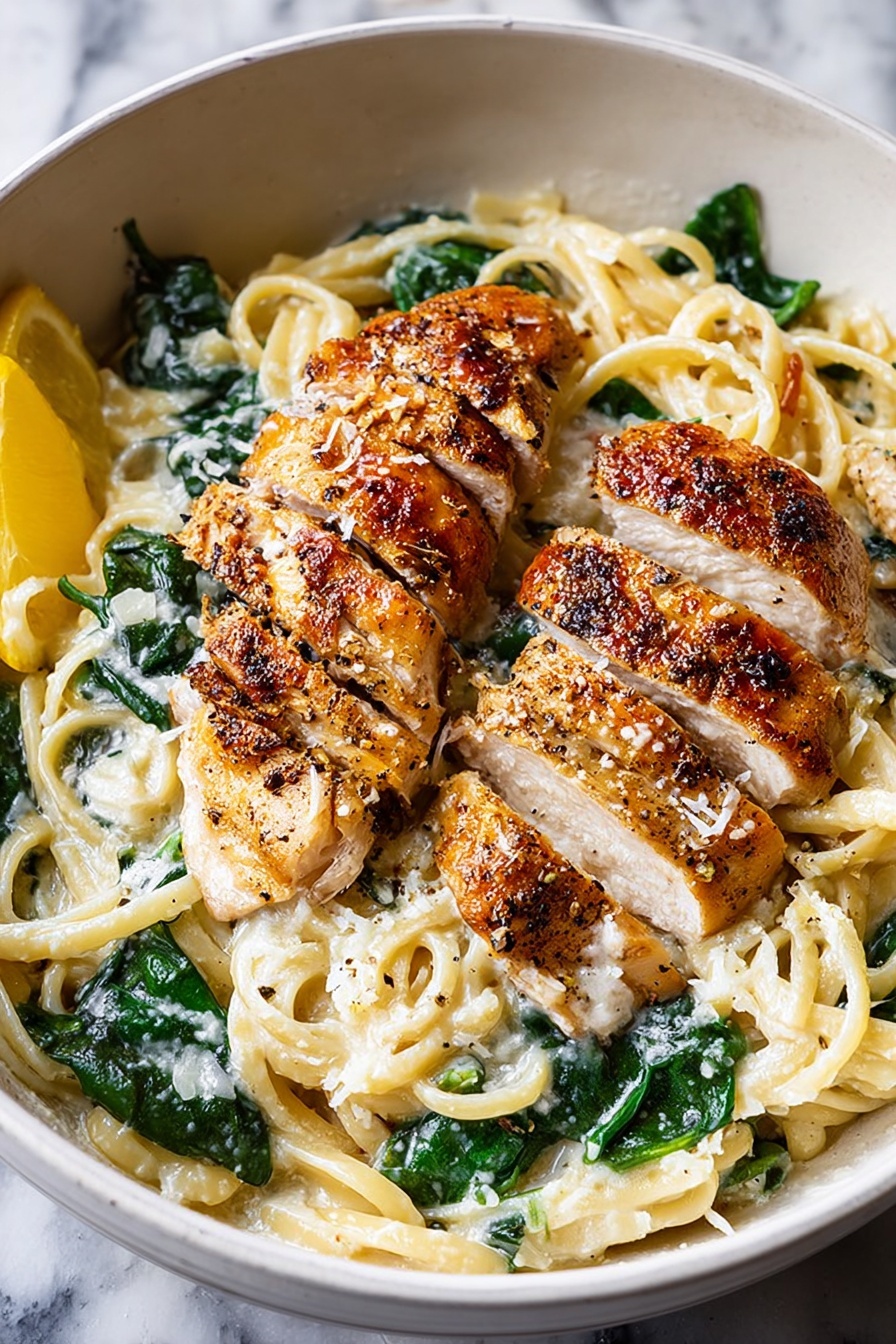 The image shows a large white pan filled with creamy pasta and two sliced golden-brown cooked chicken pieces placed on opposite sides. The pasta noodles are light yellow and mixed with dark green spinach leaves, all coated in a white creamy sauce with a crumbly texture. There are small pieces of cooked garlic and a slice of yellow lemon tucked inside the noodles near the chicken. The background is a white marbled surface. Photo taken with an iphone --ar 2:3 --v 7 - Creamy Spinach Ricotta Pasta with Lemon Chicken, creamy spinach ricotta pasta, lemon chicken skillet, easy lemon chicken recipes, cozy pasta dinner