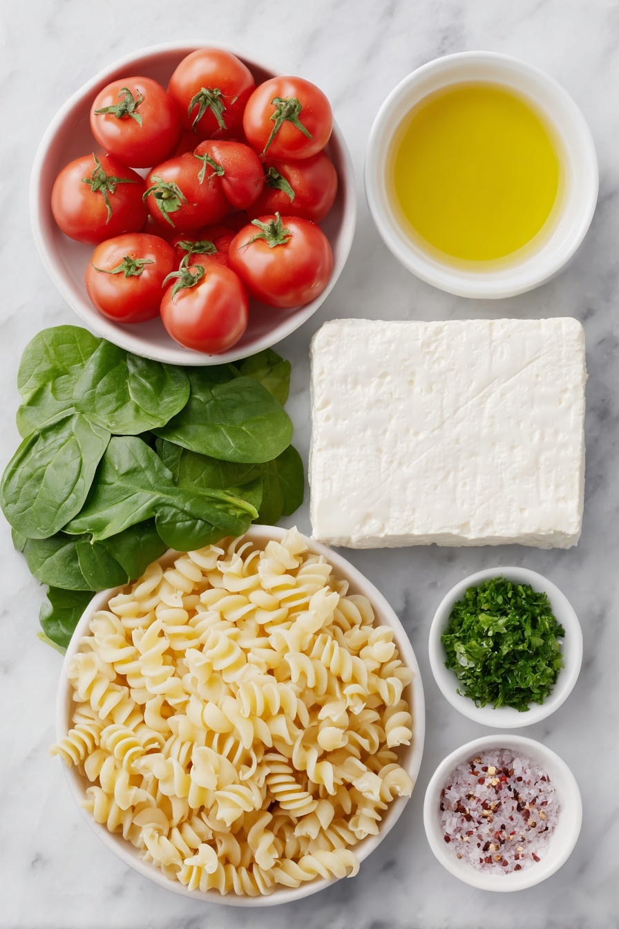 Flat lay of fresh red grape tomatoes clustered together, several peeled garlic cloves halved, a small white ceramic bowl filled with golden extra-virgin olive oil, a block of creamy white sheep’s milk feta cheese, uncooked pale yellow cavatappi pasta spirals, a bunch of roughly chopped deep green spinach leaves, delicate thinly sliced bright green fresh basil, a few sprigs of minced parsley, a small white ceramic bowl containing crushed red pepper flakes, and a small white ceramic bowl holding clear reserved pasta water, all arranged with perfect symmetry in realistic proportions, placed on a clean white marble surface, soft natural light, photo taken with an iPhone, professional food photography style, fresh ingredients, white ceramic bowls, no bottles, no duplicates, no utensils, no packaging --ar 2:3 --v 7 --p m7354615311229779997 - Baked Feta Pasta with Roasted Tomatoes, creamy feta pasta recipe, easy baked pasta dishes, roasted tomato pasta, quick weeknight pasta