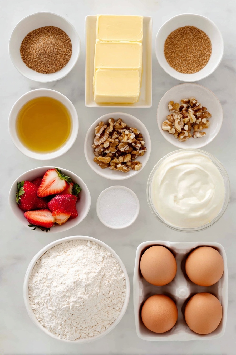 Flat lay of a small mound of all-purpose flour, a small pile of packed brown sugar, a small pile of finely chopped walnuts, a small white ceramic bowl with melted butter, a small pinch of salt crystals, a small pile of white granulated sugar, fresh sliced strawberries in a small white ceramic bowl, a small white ceramic bowl with lemon juice, two whole uncracked brown eggs, a small white ceramic bowl filled with heavy cream placed on a clean white marble surface, soft natural light, photo taken with an iPhone, professional food photography style, fresh ingredients, white ceramic bowls, no bottles, no duplicates, no utensils, no packaging --ar 2:3 --v 7 --p m7354615311229779997 - Frozen Strawberry Shortcake Squares, strawberry shortcake dessert, summer frozen treats, easy fruit dessert, no-bake strawberry dessert