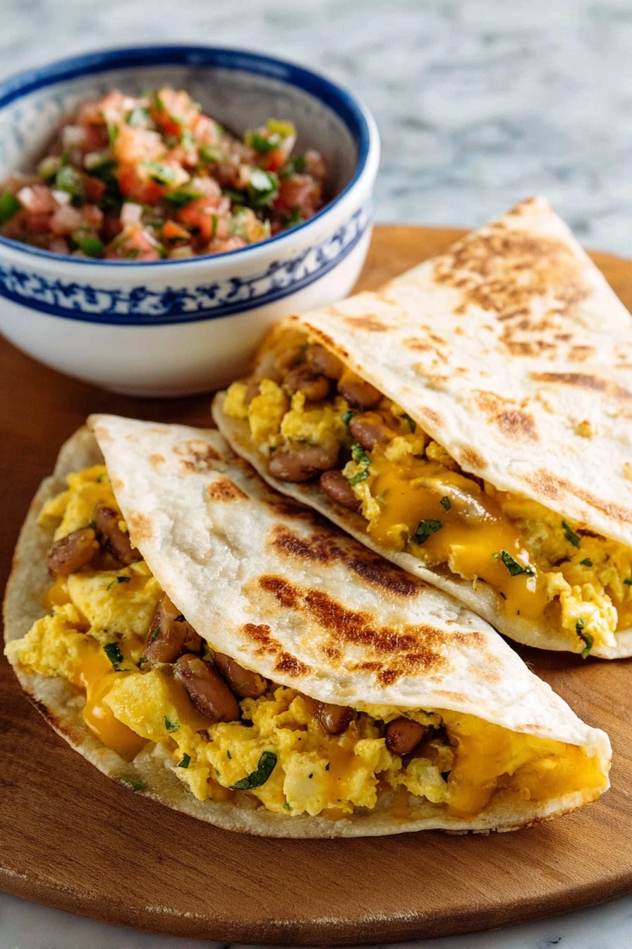 The image shows three folded tortillas that are toasted with brown spots and a light beige color, arranged overlapping on a wooden board. Inside each tortilla, there is a visible layer of scrambled yellow eggs mixed with light brown beans and small bits of green herbs, creating a textured and colorful inside. To the right of the tortillas, there is a small white bowl filled with chunky red salsa, which has visible pieces of green herbs and tomatoes adding texture and color contrast. The background surface is a white marbled texture and part of a white and green striped cloth is visible on the right edge. Photo taken with an iphone --ar 2:3 --v 7 - Easy Breakfast Egg and Bean Quesadilla, breakfast quesadilla recipe, quick morning breakfast, protein-packed breakfast, healthy breakfast ideas