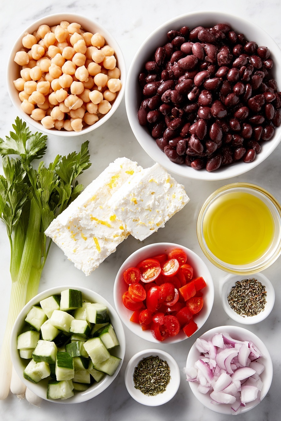 Flat lay of three small piles of fresh cooked beans: beige chickpeas, glossy black beans, and creamy white cannellini beans, vibrant halved red cherry tomatoes, diced bright green cucumber, diced red bell pepper pieces, two fresh scallions with white bulbs and green stalks, a small bunch of flat leaf parsley with rich green leaves, a block of crumbly white feta cheese, a small white ceramic bowl filled with golden extra virgin olive oil, a small white ceramic bowl holding pale yellow lemon juice with a thin lemon zest curl, a small white ceramic bowl of amber apple cider vinegar, a white ceramic bowl of dried oregano flakes, a white ceramic bowl of fine salt crystals, a small white ceramic bowl containing golden honey, a small white ceramic bowl with smooth Dijon mustard, all arranged symmetrically on a clean white marble surface, soft natural light, photo taken with an iPhone, professional food photography style, fresh ingredients, white ceramic bowls, no bottles, no duplicates, no utensils, no packaging --ar 2:3 --v 7 --p m7354615311229779997 - Mediterranean Bean Salad with Feta, healthy bean salad, quick Mediterranean salad, protein-packed vegetarian salad, easy feta bean salad