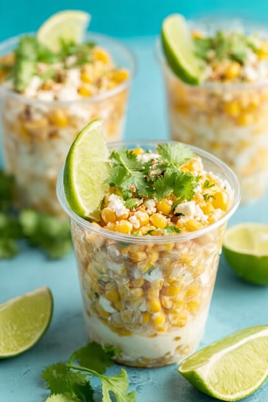 Three clear plastic cups filled with a layered corn salad sit on a white marbled surface. Each cup has a base of bright yellow corn kernels mixed with creamy white cheese crumbles. On top, there are small green cilantro leaves scattered, adding a fresh touch. A thin, round slice of light green lime rests on the rim of each cup. Around the cups, there are more lime wedges and fresh cilantro sprigs adding green and yellow accents. The background is soft turquoise blue, making the colors of the dish stand out. photo taken with an iphone --ar 2:3 --v 7 - Mexican Street Corn Cups, Mexican Street Corn Cups recipe, easy Mexican street corn, elote cups, Mexican snack ideas