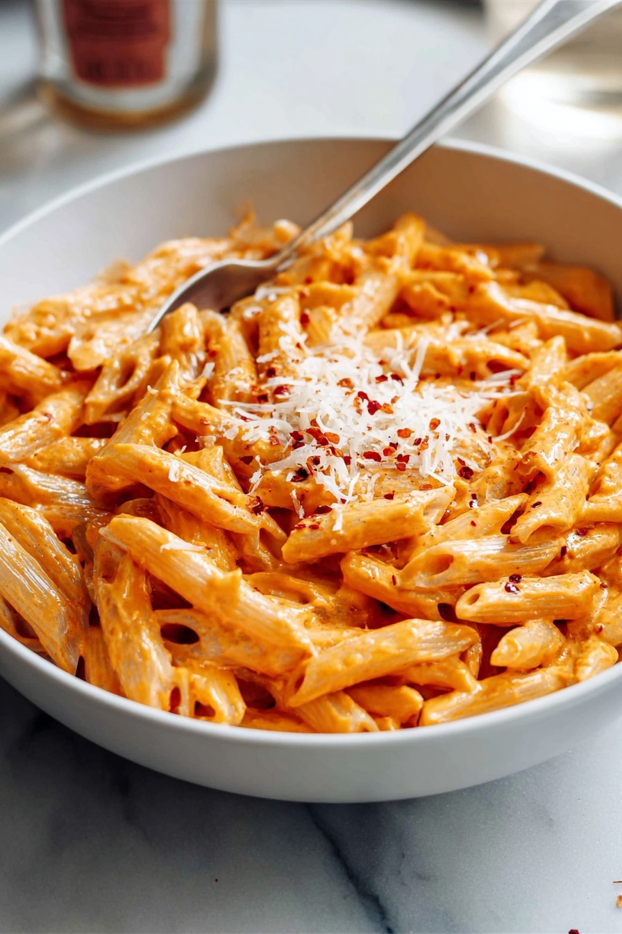 A white bowl filled with about two layers of penne pasta coated in an orange creamy sauce, with the pasta arranged neatly inside the bowl. The top layer is sprinkled with small bits of grated white cheese, tiny pieces of red flakes, and a few small green herb leaves. A silver spoon is placed resting inside the bowl on the right side. The bowl sits on a beige cloth with a white marbled surface below. In the blurred background, another bowl with the same pasta is visible, along with a partial view of a white bottle with blue and red writing. Photo taken with an iphone --ar 2:3 --v 7 - Creamy Vodka Penne Pasta, Vodka Pasta Recipe, Easy Creamy Penne Pasta, Delicious Vodka Pasta Dinner, Quick Pasta with Vodka Sauce