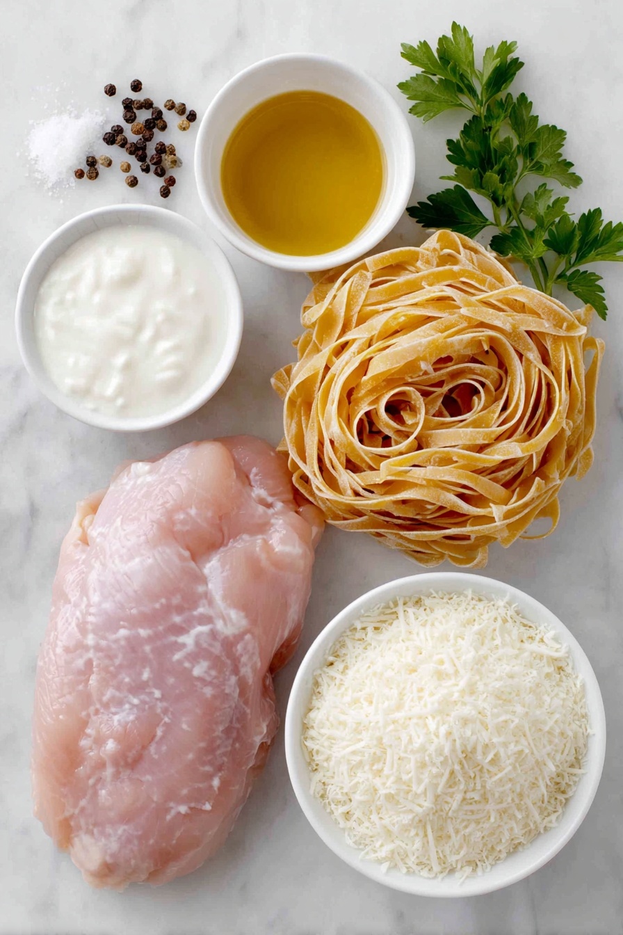 Flat lay of a raw chicken breast halved horizontally with natural pink tones, a small mound of coarse salt and cracked black peppercorns scattered gently beside it, a small white ceramic bowl filled with golden olive oil, a neat nest of uncooked fettuccine pasta with pale yellow strands, a small white bowl of creamy white milk, a small white bowl of rich chicken broth with a light amber hue, a single large garlic clove with papery white skin and slight shine, a small white bowl of thick heavy cream with a smooth surface, a small white bowl heaped with finely grated parmesan cheese with off-white color, and a few fresh bright green parsley sprigs arranged symmetrically, placed on a clean white marble surface, soft natural light, photo taken with an iPhone, professional food photography style, fresh ingredients, white ceramic bowls, no bottles, no duplicates, no utensils, no packaging --ar 2:3 --v 7 --p m7354615311229779997 - One-Pot Chicken Alfredo, creamy chicken pasta, easy weeknight dinner, quick Alfredo recipe, chicken pasta skillet