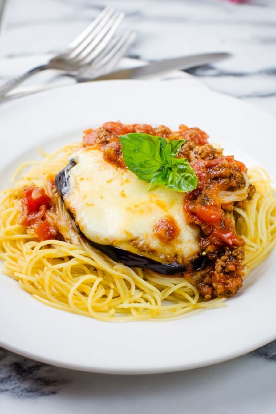 A white plate holds a dish with a bottom layer of thin yellow spaghetti noodles spread evenly. On top of the noodles are two thick slices of eggplant covered with a melted, light golden layer of cheese that looks soft and slightly browned in spots. A chunky meat and tomato sauce with visible small pieces of tomato and meat is spooned over the eggplant slices. A fresh green basil leaf is placed on top as garnish. The plate sits on a white marbled surface with a fork and knife just visible at the bottom left corner. Photo taken with an iphone --ar 2:3 --v 7 - Eggplant Parmesan Pasta with Meat Sauce, Eggplant Parmesan Pasta, Italian Pasta Recipes, Easy Eggplant Pasta, Homemade Meat Sauce Pasta