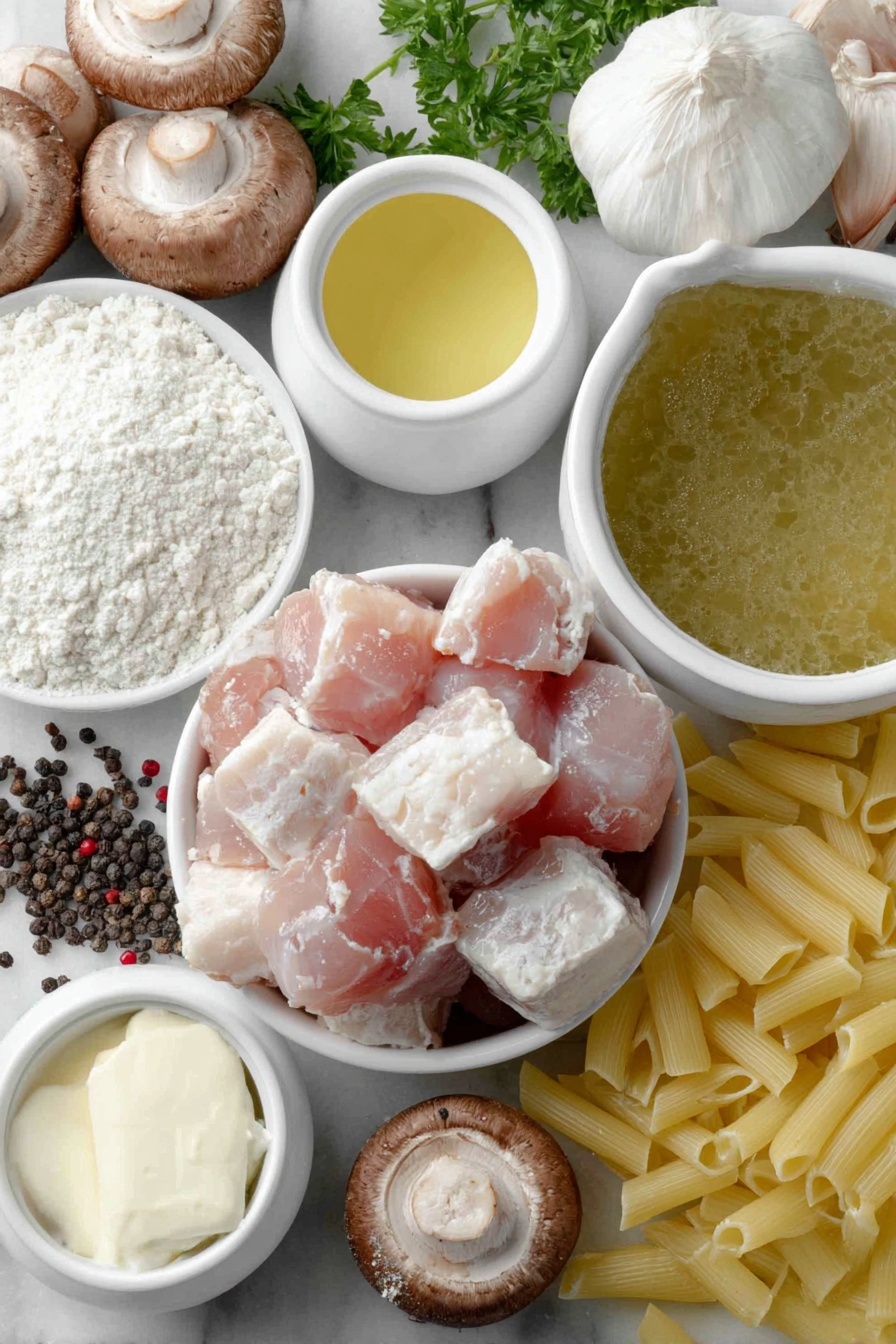 Flat lay of cubed raw chicken breast pieces, a small pile of white all-purpose flour, cracked black peppercorns scattered nearby, a smooth shallot sliced thinly, several whole brown mushrooms sliced, three peeled garlic cloves, a small white ceramic bowl with amber Marsala wine, a small white ceramic bowl filled with light golden chicken broth, a small white ceramic bowl holding creamy skim milk, two tablespoons of soft white cream cheese, uncooked pale yellow penne pasta arranged neatly, and a few sprigs of fresh green parsley placed delicately, all arranged with perfect symmetry on a clean white marble surface, soft natural light, photo taken with an iPhone, professional food photography style, fresh ingredients, white ceramic bowls, no bottles, no duplicates, no utensils, no packaging --ar 2:3 --v 7 --p m7354615311229779997 - Creamy Chicken Marsala Pasta, Chicken Marsala pasta, creamy chicken pasta, mushroom marsala sauce, easy chicken pasta recipes
