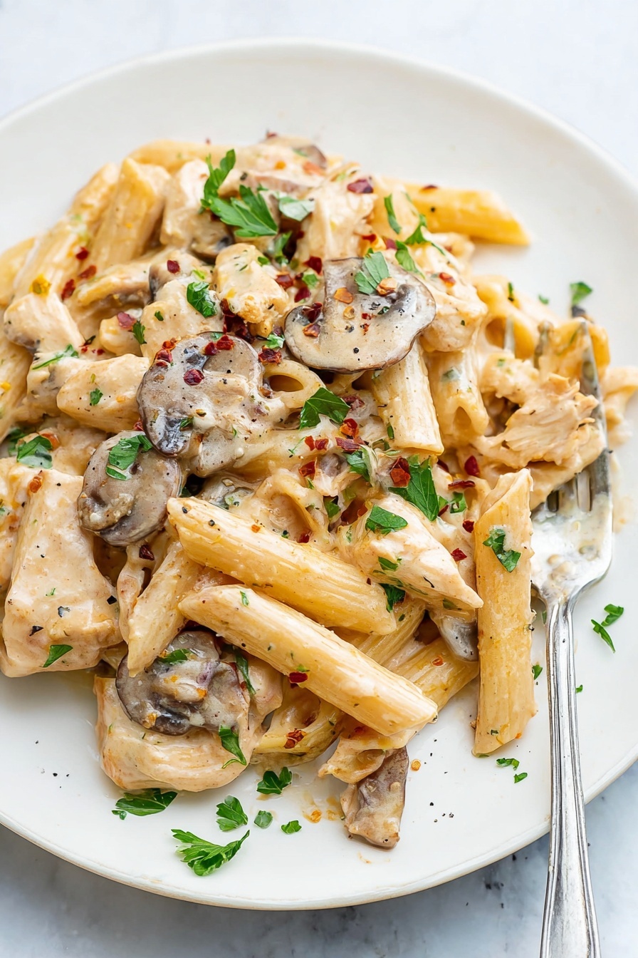 The image shows two white plates filled with creamy pasta. Each plate holds a mix of penne pasta coated in a light brown creamy sauce, with pieces of sliced mushrooms and small chunks of chicken mixed in. The dish is topped with fresh green parsley leaves and a sprinkle of black pepper, adding color contrast. One plate has a silver fork partially inserted into the pasta on the right side, and the background features a white marbled surface. Part of a black pan with more pasta is visible at the top left corner. Photo taken with an iphone --ar 2:3 --v 7 - Creamy Chicken Marsala Pasta, Chicken Marsala pasta, creamy chicken pasta, mushroom marsala sauce, easy chicken pasta recipes