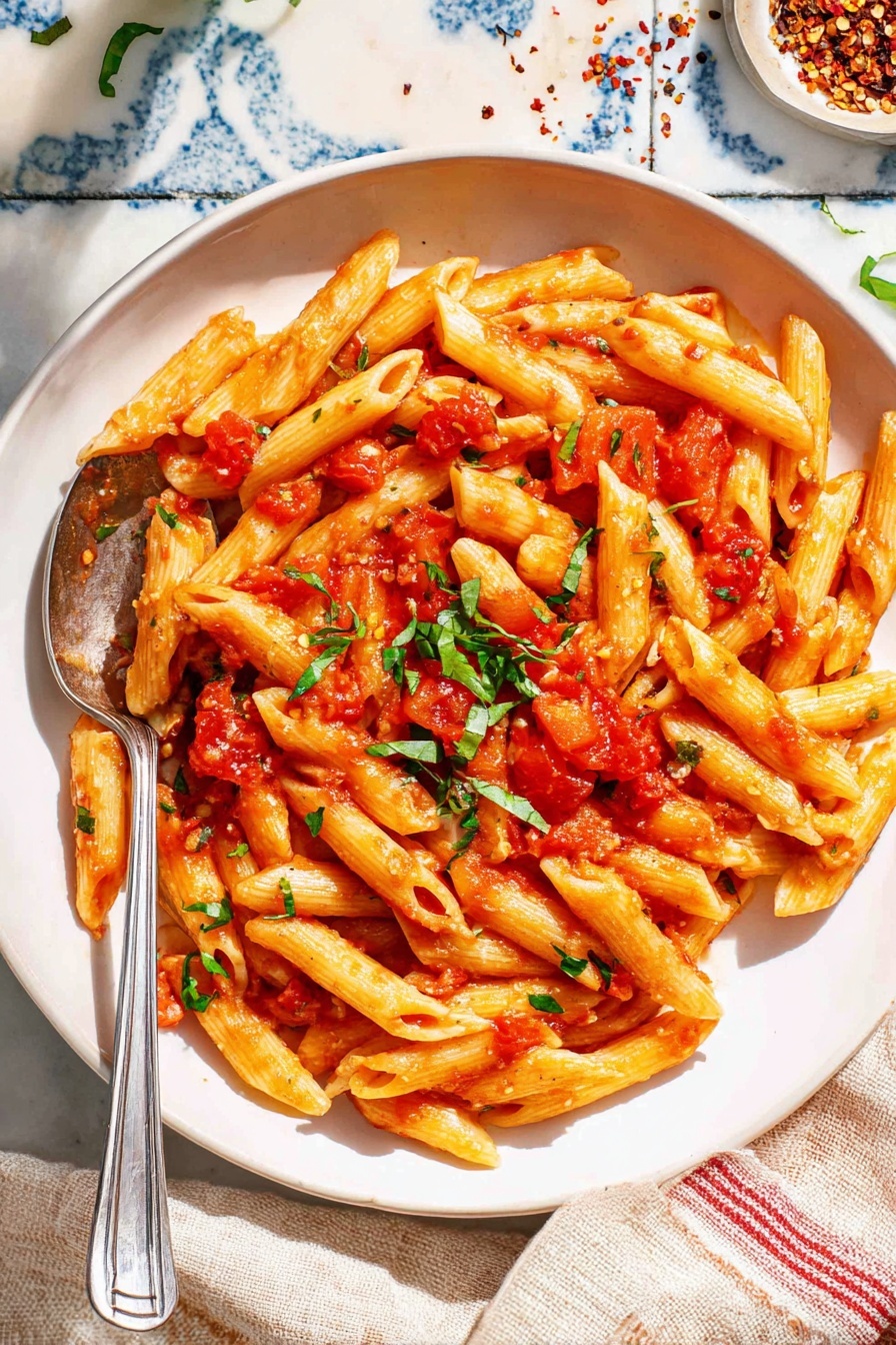The image shows a white round plate filled with penne pasta coated in a red tomato sauce with small chunks of tomato and bits of green herbs sprinkled throughout. The pasta pieces are light yellow with a slightly shiny texture. There is a silver spoon placed on the left side of the plate, resting partially under the pasta. The plate is set on a white marbled surface with blue patterned tiles visible around it. Some crushed red pepper flakes are scattered near the top of the plate, and a beige cloth with red stripes is folded to the right side. photo taken with an iphone --ar 2:3 --v 7 - Spicy Penne Arrabbiata, spicy Italian pasta, quick penne pasta recipe, garlicky Arrabbiata sauce, easy spicy dinner