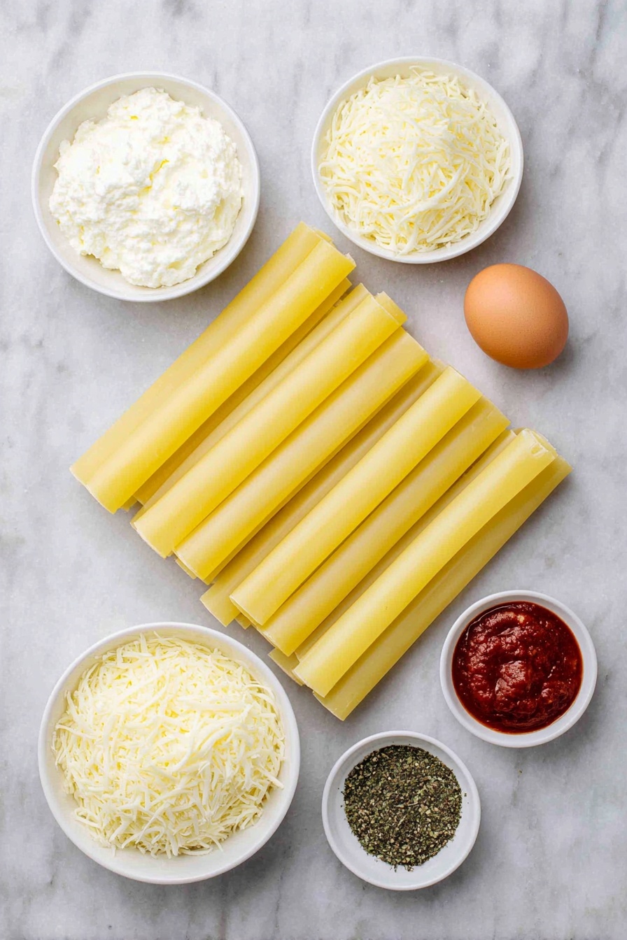 Flat lay of uncooked manicotti pasta tubes arranged neatly, a small white ceramic bowl with creamy ricotta cheese, a small white bowl filled with shredded mozzarella cheese, a small white bowl containing shredded parmesan cheese, a whole uncracked brown egg, a small white bowl with bright red spaghetti sauce, and a small white bowl with dried basil and parsley flakes sprinkled side by side, all ingredients fresh and natural, placed on a clean white marble surface, soft natural light, photo taken with an iPhone, professional food photography style, fresh ingredients, white ceramic bowls, no bottles, no duplicates, no utensils, no packaging --ar 2:3 --v 7 --p m7354615311229779997 - Cheese Manicotti Bake, cheesy Italian dinner recipes, no-boil manicotti, baked manicotti with ricotta and mozzarella, easy Italian casserole