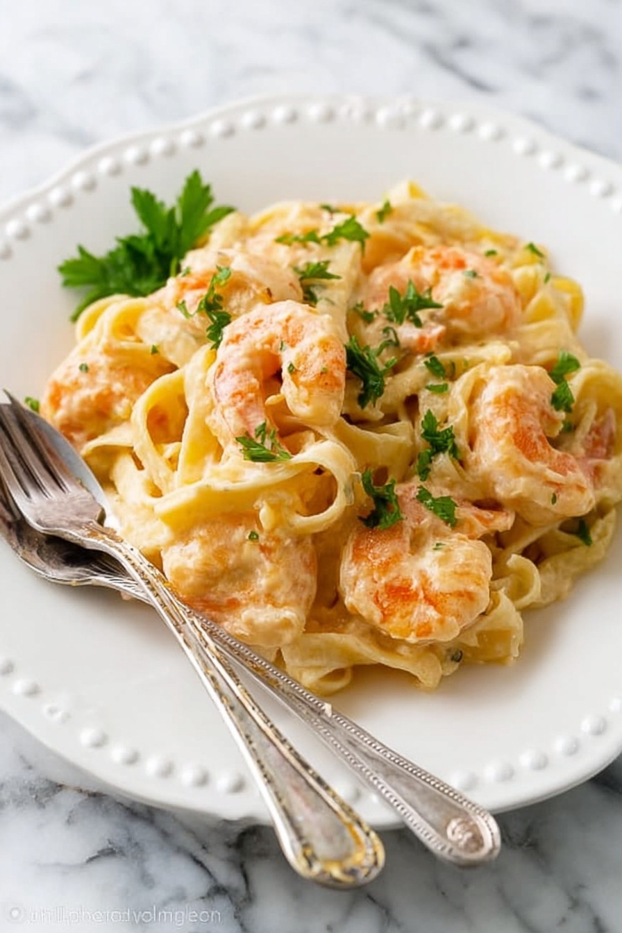 A white plate with small round patterns holds a creamy pasta dish with about three layers: the bottom layer is white fettuccine noodles, the middle layer has light orange shrimp with a smooth creamy sauce covering both, and the top layer is garnished with bright green parsley leaves scattered around. A silver fork and spoon rest on the plate's edge. The plate sits on a white marbled surface. photo taken with an iphone --ar 2:3 --v 7 - Creamy Shrimp Alfredo Pasta, Shrimp Alfredo Pasta recipe, Easy Shrimp Alfredo, Creamy seafood pasta, Restaurant-quality Shrimp Alfredo