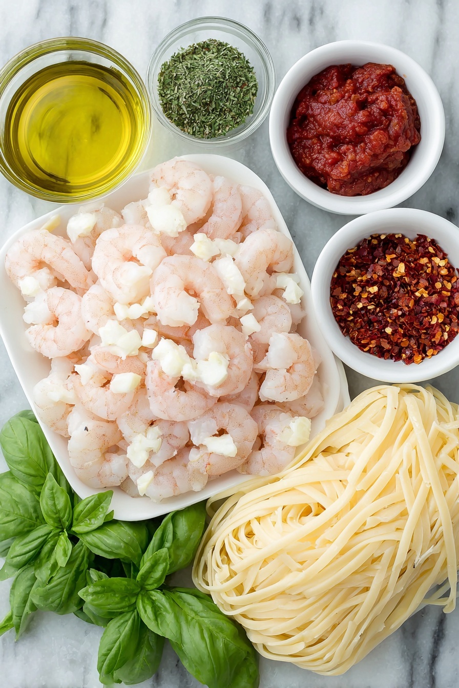 Flat lay of peeled and deveined raw shrimp arranged neatly, a small mound of finely chopped white onion, a few small pieces of chopped spicy red pepper, several cloves of whole fresh garlic, crushed ripe red tomatoes in a small white bowl, a small white bowl of vibrant red chili flakes, a small white bowl with clear dry white wine, a pinch of dried oregano sprinkled beside, fresh green chopped parsley, a few fresh bright green basil leaves, a bundle of cooked linguine noodles elegantly coiled on a simple white ceramic plate, all placed on a clean white marble surface, soft natural light, photo taken with an iPhone, professional food photography style, fresh ingredients, white ceramic bowls, no bottles, no duplicates, no utensils, no packaging --ar 2:3 --v 7 --p m7354615311229779997 - Spicy Shrimp Fra Diavolo Pasta, seafood pasta with spicy tomato sauce, easy shrimp pasta recipes, quick Italian seafood dishes, flavorful shrimp pasta