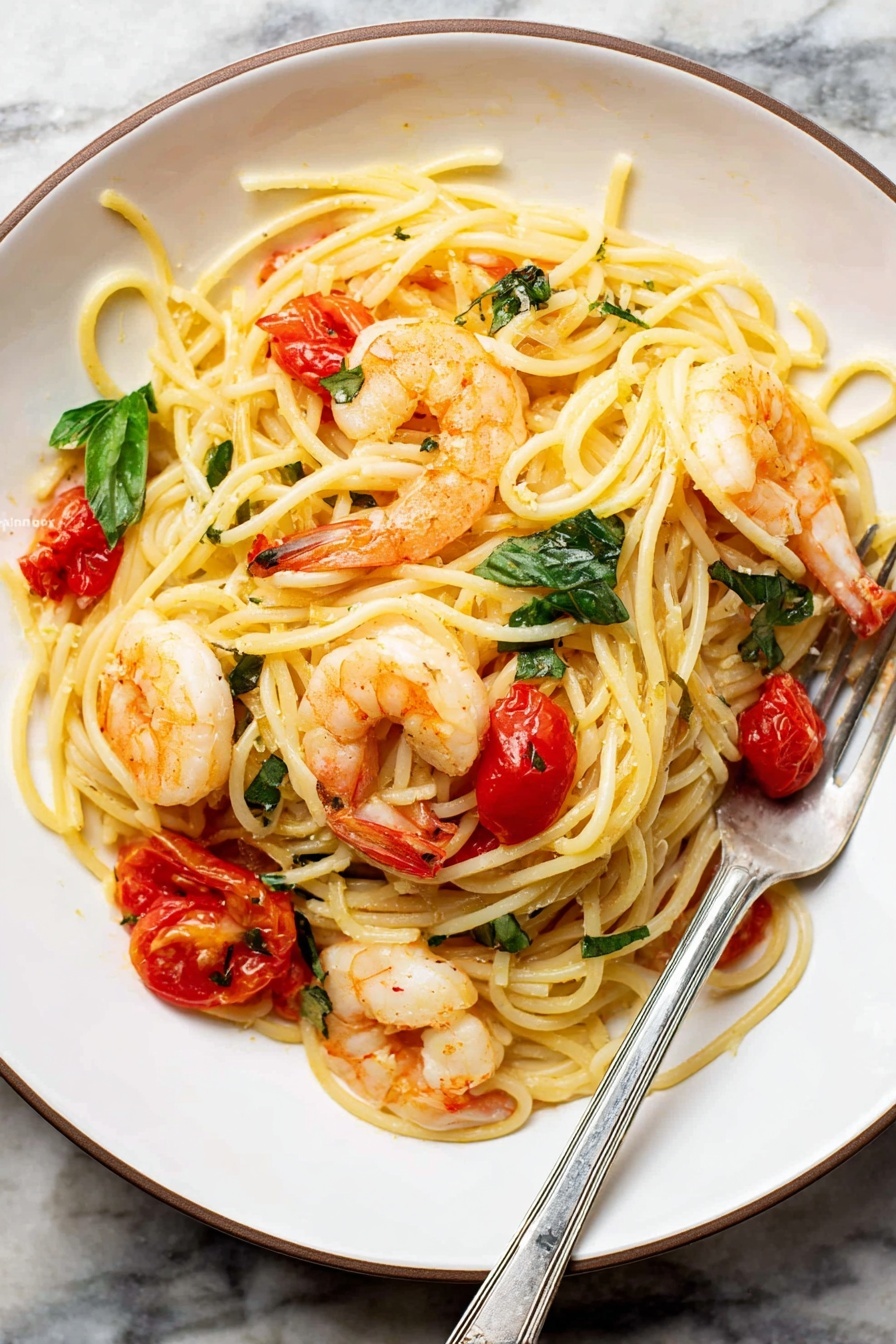 The image shows a black pan filled with cooked spaghetti pasta mixed with orange-pink shrimp and small bits of red tomato scattered throughout. Bright green basil leaves lay on top in three spots, adding fresh color. The spaghetti noodles are creamy yellow and twisted around a silver fork resting inside the pan on the right side. The pan sits on a white marbled surface with a wooden texture background faintly visible. The scene looks warm and inviting, with a mix of textures from smooth pasta to plump shrimp and torn basil leaves. Photo taken with an iphone --ar 2:3 --v 7 - Shrimp Tomato Basil Pasta, Easy shrimp pasta recipe, quick seafood pasta, healthy shrimp pasta dish, flavorful tomato basil pasta