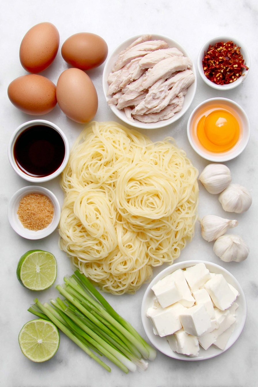 Flat lay of a small bundle of soft, translucent rice noodles (rice sticks), a few glistening medium-sized raw shrimp with shells removed, several pale yellow slices of fried firm tofu, a large whole egg with a clean shell, a small handful of fresh, white bean sprouts with green tips, a few stalks of dark green Chinese chives cut into 2-inch lengths, a small mound of light brown crushed peanuts, two bright green lime wedges, one small clove of fresh garlic, a few fresh basil leaves, and three small white ceramic bowls containing clear light golden oil, a white granulated sugar, and a light amber liquid (fish sauce), placed on a clean white marble surface, soft natural light, photo taken with an iPhone, professional food photography style, fresh ingredients, white ceramic bowls, no bottles, no duplicates, no utensils, no packaging --ar 2:3 --v 7 --p m7354615311229779997 - Easy Shrimp Pad Thai, Shrimp Pad Thai recipe, quick Pad Thai, healthy shrimp stir-fry, authentic Thai Pad Thai