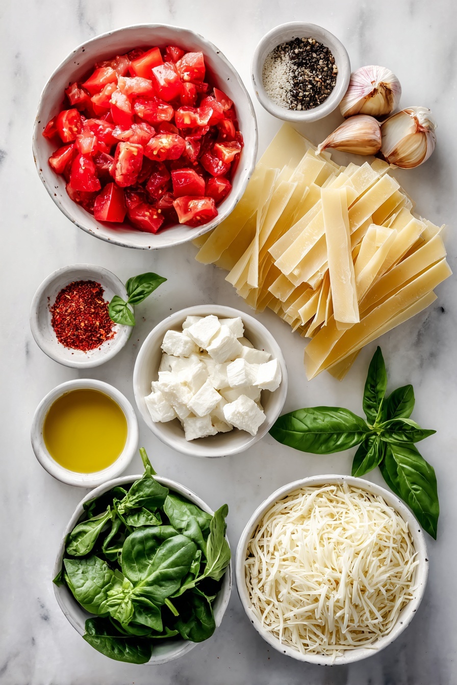 Flat lay of a small white ceramic bowl filled with bright red drained diced tomatoes, a few vibrant green fresh basil sprigs, a small white bowl of golden olive oil, two whole brown garlic cloves, a small white bowl of coarse salt, a small white bowl of red pepper flakes, a medium mound of fresh white low-fat cottage cheese curds, one small fresh red onion roughly chopped, quartered pale green artichoke hearts, a generous pile of fresh deep green baby spinach leaves, a small white bowl of freshly ground black pepper, nine uncooked pale beige no-boil lasagna noodles neatly stacked, and a small white ceramic bowl heaped with shredded creamy white fontina cheese all arranged with perfect symmetry on a clean white marble surface, soft natural light, photo taken with an iPhone, professional food photography style, fresh ingredients, white ceramic bowls, no bottles, no duplicates, no utensils, no packaging --ar 2:3 --v 7 --p m7354615311229779997 - Spinach Artichoke Lasagna, spinach artichoke lasagna recipe, vegetarian lasagna, cheesy vegetable lasagna, easy baked lasagna