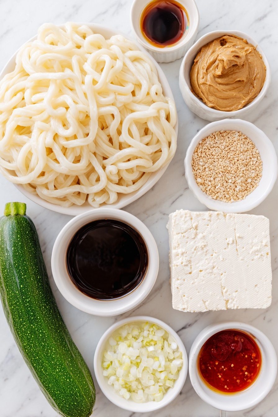 Flat lay of thick cut udon noodles arranged loosely, a whole fresh cucumber with glossy dark green skin, a block of extra firm tofu with a smooth creamy white surface, a small bunch of vibrant green scallions, a small mound of shiny light brown sesame seeds, a small white ceramic bowl of creamy peanut butter, a small white ceramic bowl filled with dark soy sauce, a small white ceramic bowl containing golden toasted sesame oil, a small white ceramic bowl with bright red sriracha, a small white ceramic bowl holding clear rice vinegar, a small white ceramic bowl with finely minced or powdered garlic, a small white ceramic bowl with finely minced or powdered ginger, a small white ceramic bowl of steaming hot water, all placed on a clean white marble surface, soft natural light, photo taken with an iPhone, professional food photography style, fresh ingredients, white ceramic bowls, no bottles, no duplicates, no utensils, no packaging --ar 2:3 --v 7 --p m7354615311229779997 - Peanut Udon Noodles, quick udon noodle recipe, Asian-inspired peanut noodles, savory noodle dishes, easy weeknight meals