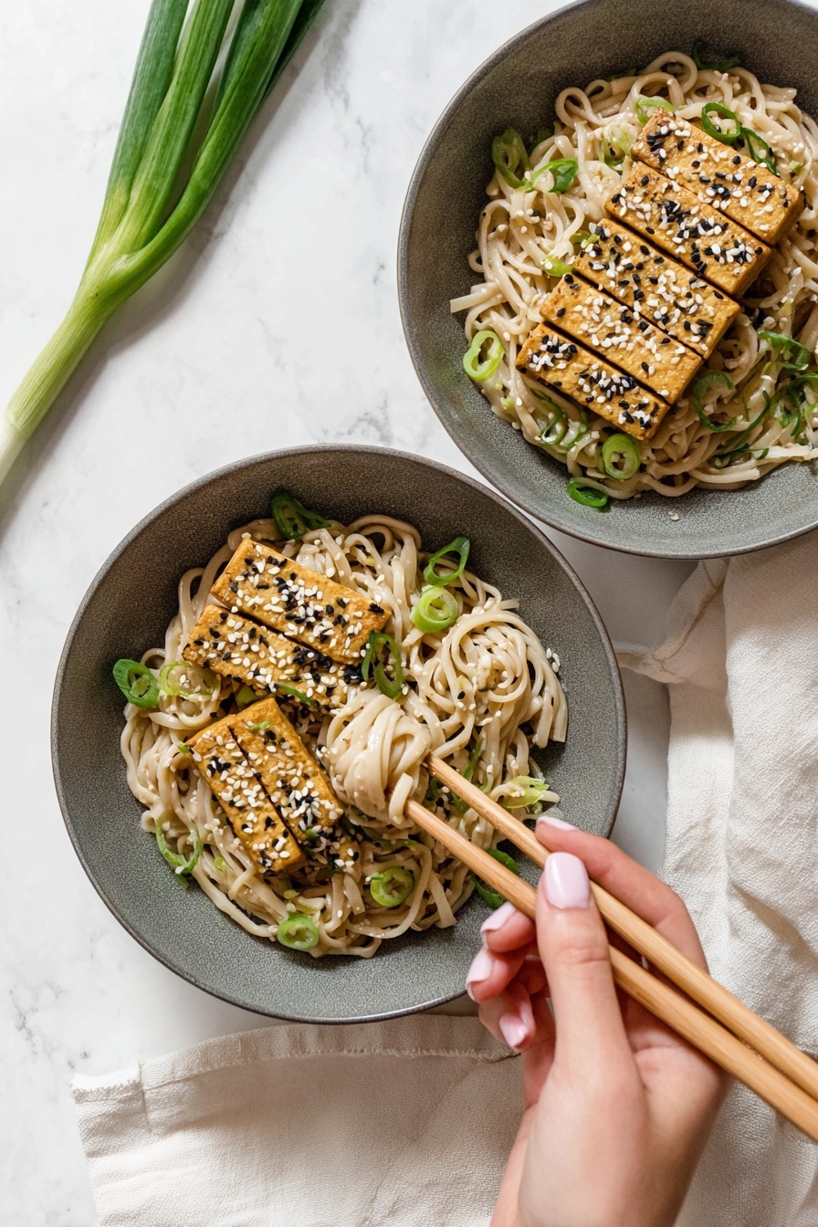 A round white bowl filled with creamy light beige noodles mixed with small green pieces, topped with four rectangular golden brown tofu slices sprinkled with white and black sesame seeds and chopped green onions. The noodles have a smooth texture, and the tofu pieces are placed side by side in the center. The bowl is set on a white marbled surface with two whole green onions placed above it and a pair of wooden chopsticks resting on a beige cloth to the right. Photo taken with an iphone --ar 2:3 --v 7 - Peanut Udon Noodles, quick udon noodle recipe, Asian-inspired peanut noodles, savory noodle dishes, easy weeknight meals