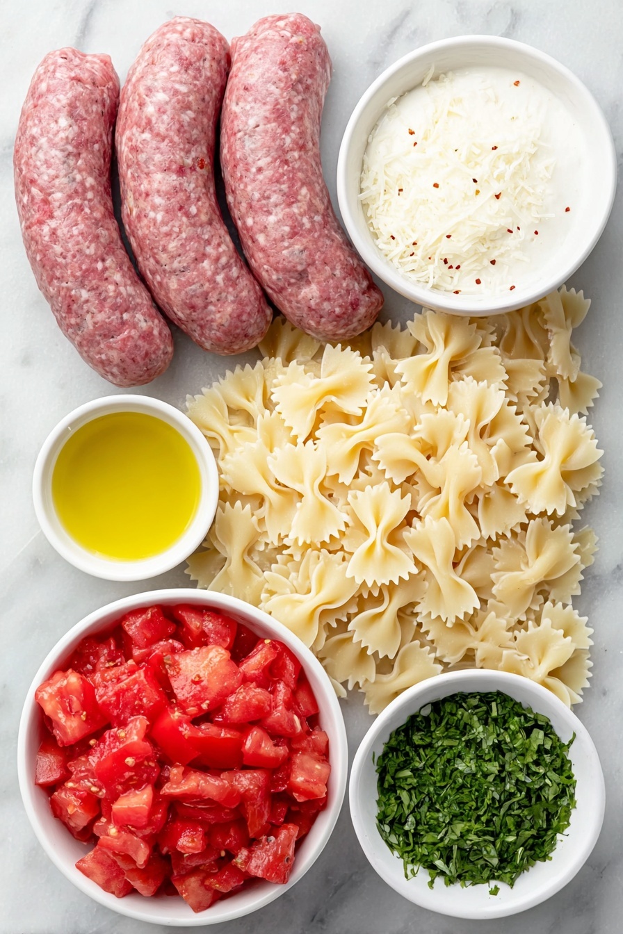 Flat lay of a small pile of fresh bow tie (farfalle) pasta, a few whole sweet Italian sausages with smooth casings, a medium yellow onion diced into neat cubes, three plump garlic cloves peeled, a small white ceramic bowl filled with bright red Italian diced tomatoes, another small white bowl containing golden olive oil, a third white bowl with creamy heavy cream, a tiny white dish holding red pepper flakes, a small mound of freshly grated parmesan cheese, and a few sprigs of vibrant green chopped basil, all arranged symmetrically and balanced on a clean white marble surface, soft natural light, photo taken with an iPhone, professional food photography style, fresh ingredients, white ceramic bowls, no bottles, no duplicates, no utensils, no packaging --ar 2:3 --v 7 --p m7354615311229779997 - Creamy Italian Sausage Bow Tie Pasta, Italian sausage pasta recipes, easy creamy pasta dishes, comforting weeknight dinner ideas, flavorful pasta recipes