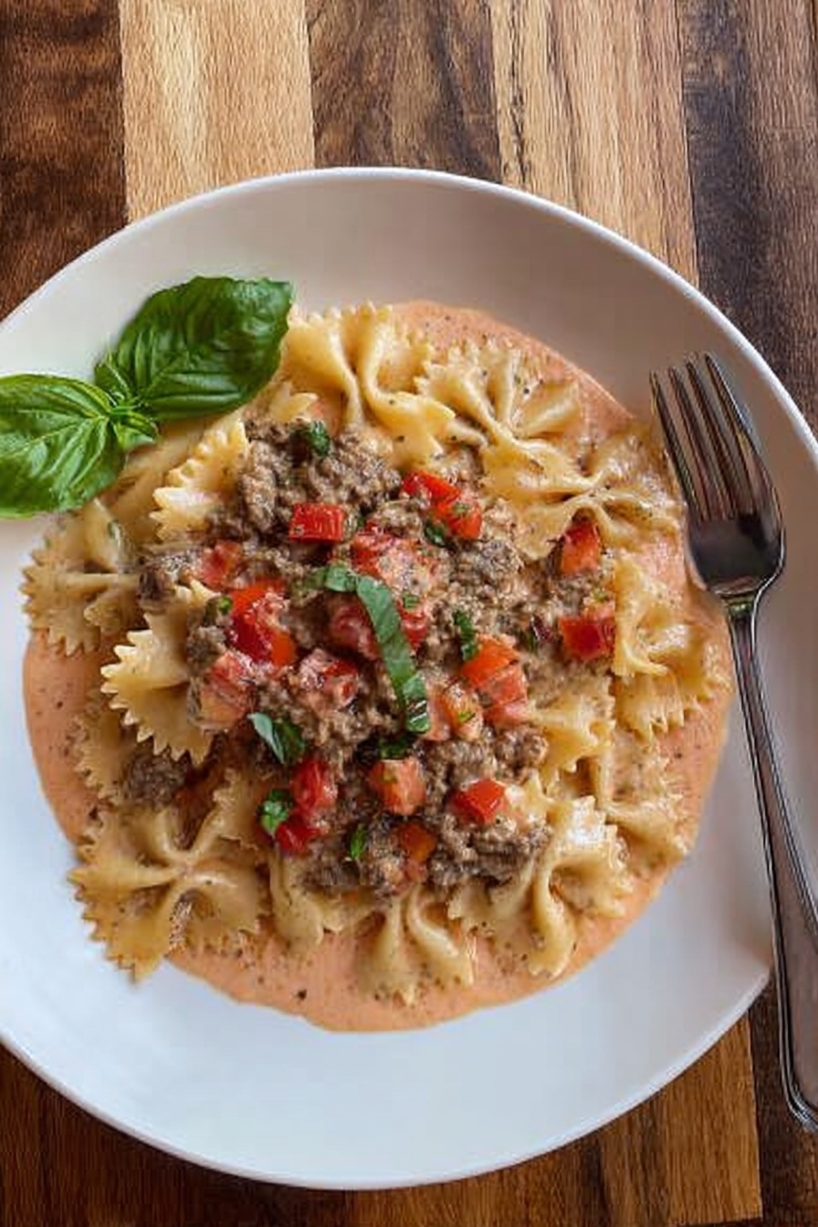 A white round plate sits on a wooden surface with a creamy pink sauce spread evenly on the bottom layer. On top, there is a layer of bow-tie pasta mixed with ground meat pieces and small diced red tomatoes, giving a mix of beige, brown, and red colors with a slightly chunky texture. A green basil leaf decorates the upper left edge of the plate. To the right side of the plate, a silver fork rests on the wooden surface. The photo taken with an iphone --ar 2:3 --v 7 - Creamy Italian Sausage Bow Tie Pasta, Italian sausage pasta recipes, easy creamy pasta dishes, comforting weeknight dinner ideas, flavorful pasta recipes
