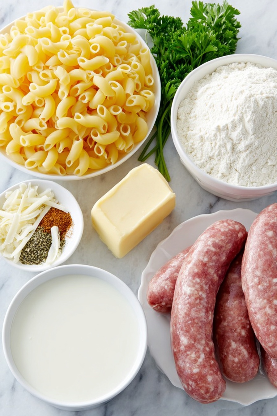 Flat lay of dry elbow pasta arranged neatly, a fresh bulk Italian sausage link uncooked, a small pat of golden butter, a few cloves of whole garlic with clean skins, a medium yellow onion whole and unpeeled, a small white ceramic bowl filled with white all-purpose flour, a small white ceramic bowl holding creamy whole milk, a small white ceramic bowl with ground black pepper, a small white ceramic bowl with smoked paprika powder, a small white ceramic bowl containing ground mustard powder, a mound of freshly grated sharp white cheddar cheese, a few sprigs of fresh parsley with vibrant green leaves, all ingredients symmetrically placed on simple white ceramic dishes and bowls, placed on a clean white marble surface, soft natural light, photo taken with an iPhone, professional food photography style, fresh ingredients, white ceramic bowls, no bottles, no duplicates, no utensils, no packaging --ar 2:3 --v 7 --p m7354615311229779997 - Creamy Sausage Mac and Cheese, easy sausage mac and cheese, cheesy sausage pasta, comfort food recipes, family favorite pasta dishes