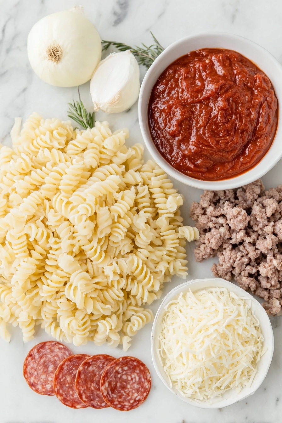 Flat lay of a mound of uncooked rotini pasta, a small pile of raw ground beef, a halved white onion showing its layers, a single whole garlic bulb clove, a few sprigs of dried Italian seasoning herbs, a white ceramic bowl filled with bright red pizza sauce, a small white bowl of clear water, a generous heap of shredded mozzarella cheese, and a neat stack of round pepperoni slices arranged symmetrically, all placed on a clean white marble surface, soft natural light, photo taken with an iPhone, professional food photography style, fresh ingredients, white ceramic bowls, no bottles, no duplicates, no utensils, no packaging --ar 2:3 --v 7 --p m7354615311229779997 - Easy Baked Pizza Pasta, baked pizza pasta, pizza pasta casserole, cheesy baked pasta, quick weeknight dinner
