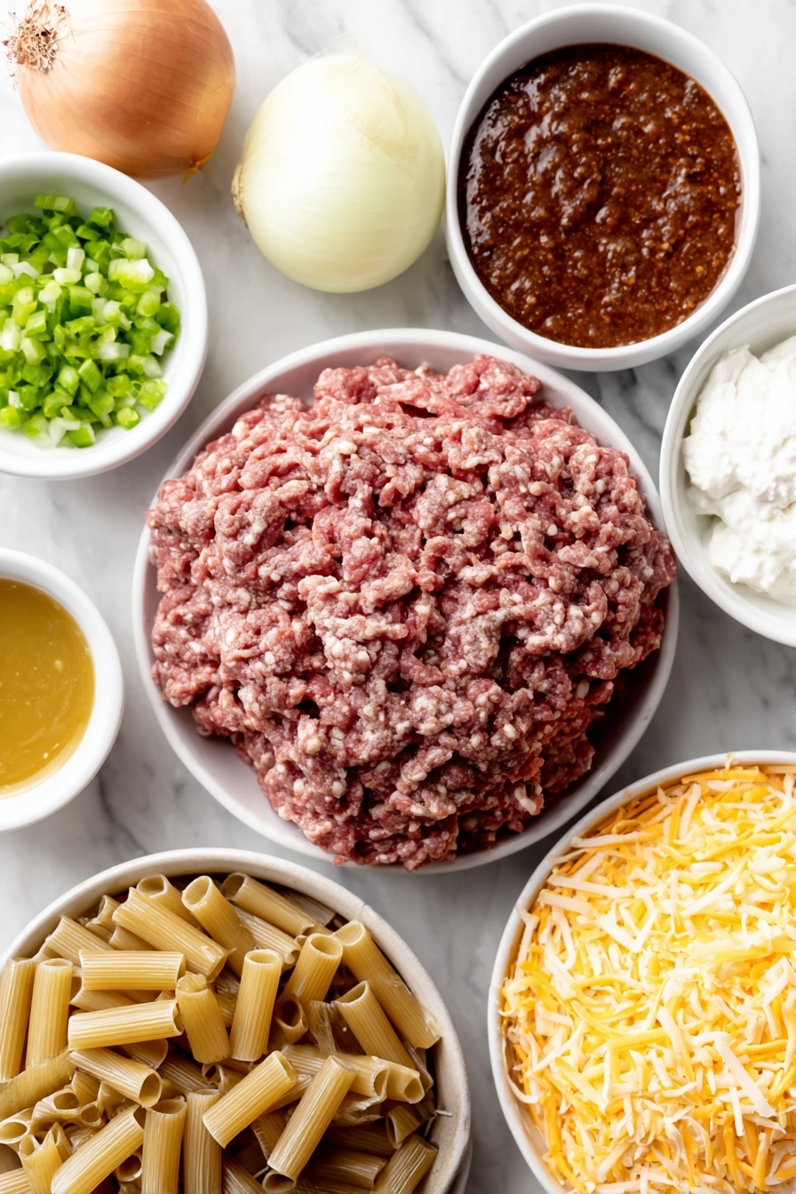 Flat lay of a small mound of fresh lean ground beef, a halved yellow onion with one half chopped, a few dried reddish-brown taco seasoning flakes scattered, a small white ceramic bowl filled with bright green chopped chilies, another small white bowl holding smooth, rich red enchilada sauce, a third small white bowl containing golden chicken broth, a neat pile of uncooked ziti pasta tubes, a small white bowl of thick creamy white sour cream, and a compact pile of shredded pale orange cheddar cheese, all arranged symmetrically on a clean white marble surface, soft natural light, photo taken with an iPhone, professional food photography style, fresh ingredients, white ceramic bowls, no bottles, no duplicates, no utensils, no packaging --ar 2:3 --v 7 --p m7354615311229779997 - Cheesy Enchilada Pasta, enchilada pasta recipe, one-pot Tex-Mex pasta, cheesy pasta skillet, easy enchilada pasta