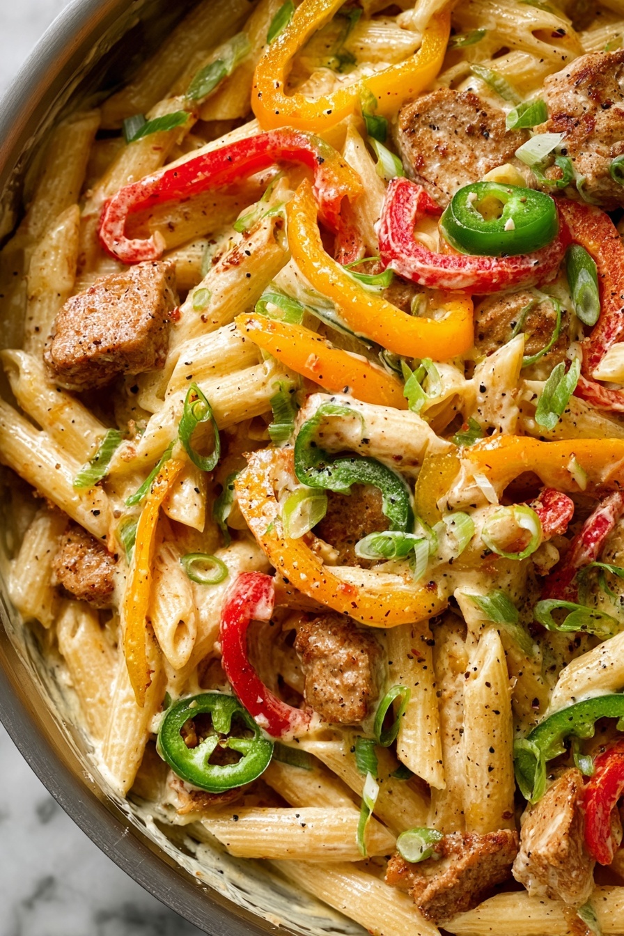 A close top view of a silver pan filled with three layers of food: the bottom layer is yellow pasta tubes, the middle layer is thick sliced red and yellow bell pepper strips and white onion strips, and the top layer is small browned chicken pieces sprinkled with round chopped green onions. A woman's hand stirs the food with a wooden spoon from the left side of the pan while another woman's hand holds the handle of the pan on the right. To the upper left is a white bowl with dark green chopped spring onions. The pan and bowl sit on a white marbled surface with a beige cloth partly under the pan. photo taken with an iphone --ar 2:3 --v 7 - Buffalo Chicken Pasta, easy buffalo chicken pasta, spicy chicken pasta recipe, quick buffalo chicken dinner, creamy buffalo pasta