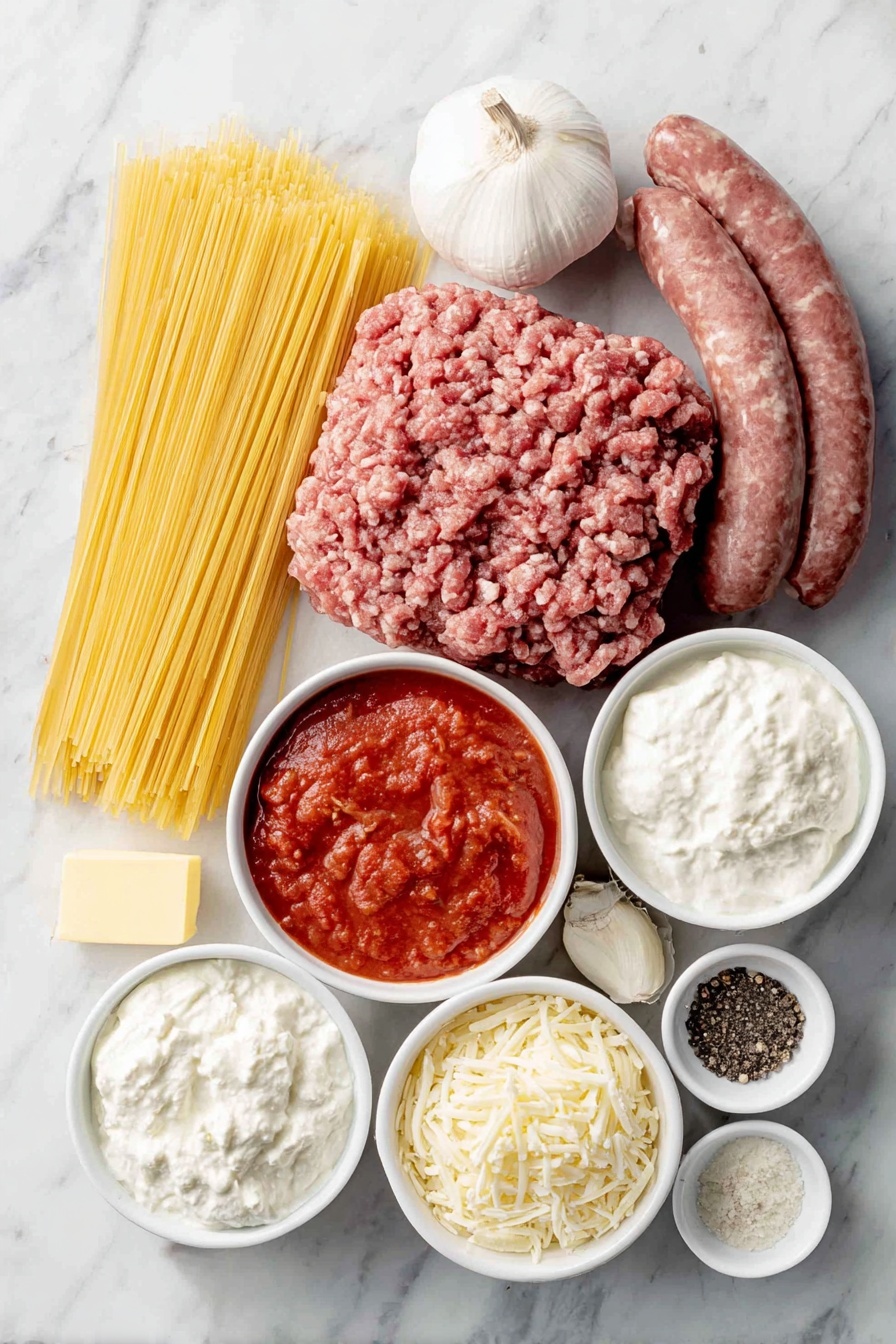 Flat lay of a bundle of uncooked spaghetti, a small pat of yellow butter on a simple white ceramic plate, a mound of fresh ground beef, a small pile of raw Italian sausage links, one whole small yellow onion, three whole garlic cloves, a small white ceramic bowl filled with vibrant red marinara sauce, a small white ceramic bowl with cream cheese, a small white ceramic bowl with ricotta cheese, a small white ceramic bowl with sour cream, a small white ceramic bowl with grated Parmesan cheese, a small white ceramic bowl with shredded mozzarella cheese, a small white ceramic bowl containing mixed Italian seasoning, a small white ceramic bowl with coarse salt, and another small white ceramic bowl with black peppercorns, all arranged symmetrically and proportionally, placed on a clean white marble surface, soft natural light, photo taken with an iPhone, professional food photography style, fresh ingredients, white ceramic bowls, no bottles, no duplicates, no utensils, no packaging --ar 2:3 --v 7 --p m7354615311229779997 - Cheesy Baked Spaghetti Casserole, Baked spaghetti casserole, cheesy spaghetti bake, creamy spaghetti casserole, easy spaghetti casserole