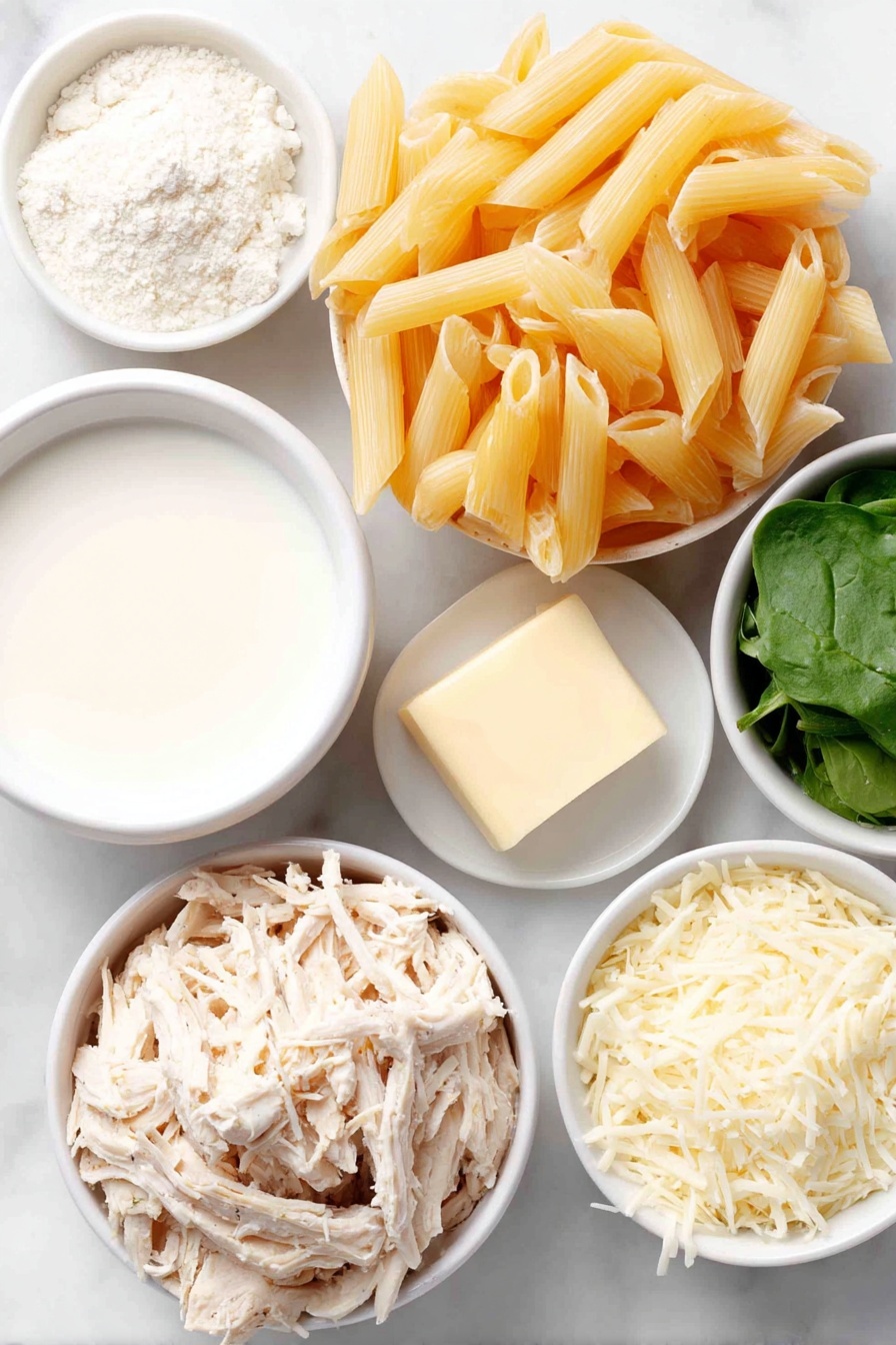 Flat lay of a mound of uncooked penne pasta, a small pat of unsalted butter, two whole uncracked brown garlic bulbs, a small white ceramic bowl with all purpose flour, a small white ceramic bowl filled with fresh whole milk, a small white ceramic bowl with a few dollops of cream cheese, a small pile of shredded parmesan cheese, a portion of cooked shredded chicken breast, a small heap of fresh lightly chopped spinach leaves, and a small white ceramic bowl with clear pasta cooking water, all arranged in perfect symmetry and balanced proportions, placed on a clean white marble surface, soft natural light, photo taken with an iPhone, professional food photography style, fresh ingredients, white ceramic bowls, no bottles, no duplicates, no utensils, no packaging --ar 2:3 --v 7 --p m7354615311229779997 - Creamy Chicken Spinach Pasta, creamy pasta with chicken and spinach, quick chicken pasta dinner, easy seafood pasta recipes, comforting weeknight meals