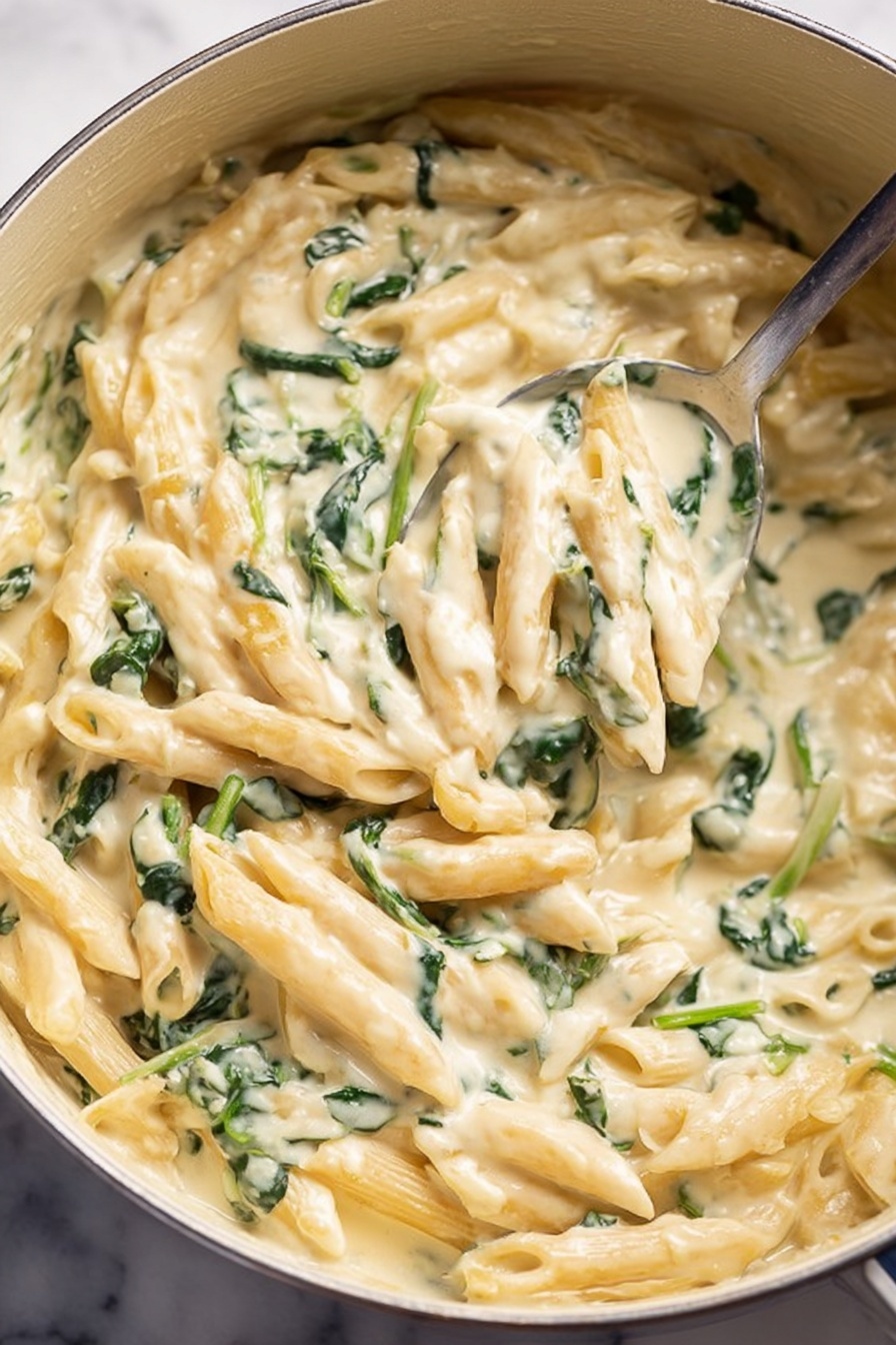 The image shows a pot filled with creamy pasta. The pasta is penne, which is light beige and mixed in a thick white sauce. There are pieces of green spinach evenly spread throughout the pasta, adding small color spots. The sauce looks smooth and coats the pasta well. A metal spoon is partially inside the pot, lifting some pasta. The background is a white marbled texture. photo taken with an iphone --ar 2:3 --v 7 - Creamy Chicken Spinach Pasta, creamy pasta with chicken and spinach, quick chicken pasta dinner, easy seafood pasta recipes, comforting weeknight meals