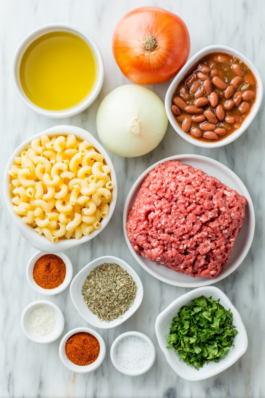 Flat lay of a small white ceramic bowl of golden olive oil, two whole uncracked brown garlic cloves, one whole fresh onion with white and light purple layers visible, one red bell pepper chopped into vibrant pieces, a mound of raw lean ground beef with deep red color, a simple white ceramic bowl filled with bright crushed tomatoes, a small white bowl of glossy red kidney beans drained, a small white bowl holding rich brown beef broth, uncooked elbow macaroni pasta arranged neatly, a small white bowl heaped with shredded yellow and orange cheddar and Monterey Jack cheese blend, a small white bowl with finely chopped fresh green cilantro, another small white bowl containing bright red cayenne pepper powder, a small white bowl of deep orange paprika powder, a small white bowl with warm brown cumin powder, a small white bowl with pale beige onion powder, a small white bowl with dried oregano leaves, a small white bowl of coarse black pepper, and a small white bowl of white salt crystals, all arranged in perfect symmetry placed on a clean white marble surface, soft natural light, photo taken with an iPhone, professional food photography style, fresh ingredients, white ceramic bowls, no bottles, no duplicates, no utensils, no packaging --ar 2:3 --v 7 --p m7354615311229779997 - Cheesy Chili Mac, one-pot cheesy chili mac, easy chili mac recipe, hearty comfort food, quick one-pot dinner