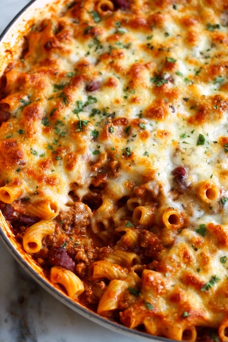The image shows a close-up of a round white pan filled with baked pasta. The dish has a top layer of melted golden cheese with some browned spots, sprinkled with green herbs. Underneath, tubes of reddish pasta are visible inside a thick red sauce with bits of meat. The cheese melts over the pasta, creating a bubbly and inviting texture. The pan is placed on a white marbled surface. photo taken with an iphone --ar 2:3 --v 7 - Cheesy Chili Mac, one-pot cheesy chili mac, easy chili mac recipe, hearty comfort food, quick one-pot dinner