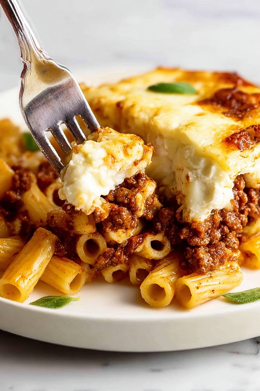 The dish shows a close-up of baked pasta in a white plate on a white marbled surface. It has three visible layers: the bottom layer is small tube pasta in light yellow color, the middle layer is ground meat sauce in dark brown with a slightly chunky texture, and the top layer is melted white cheese with a smooth and shiny surface. A knife and a fork held by a woman's hand are cutting into the dish from the top, lifting a portion that reveals the layers clearly. There are small green leaves for garnish around the edges. Photo taken with an iphone --ar 2:3 --v 7 - Greek Pastitsio Pasta Bake, Greek pasta bake, Pastitsio casserole, Mediterranean pasta dish, Greek baked pasta