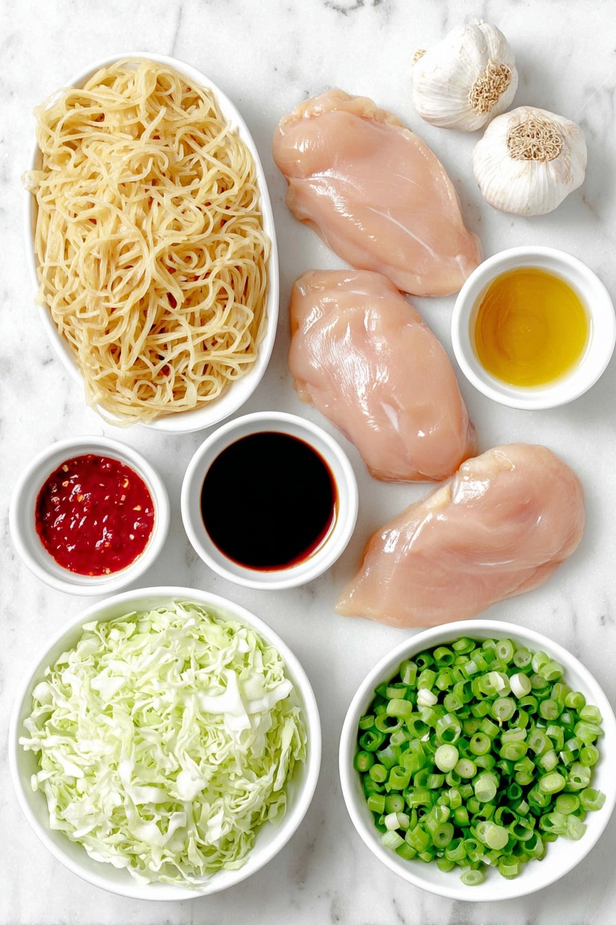 Flat lay of fresh raw chicken breasts neatly arranged, a bundle of uncooked linguine pasta, two whole uncracked brown garlic bulbs with some cloves peeled, a small white ceramic bowl of creamy peanut butter, a small white bowl filled with deep red wine vinegar, a small white bowl containing glossy amber sesame oil, a small white bowl of dark soy sauce, a small white bowl with bright red hot chili oil, a small white bowl with golden honey, a small white bowl with light pale vegetable oil, a small white bowl of clear water, a small white ceramic bowl heaped with shredded fresh red cabbage, and a small pile of thinly sliced bright green scallions, all ingredients displayed with perfect symmetry and natural freshness, placed on a clean white marble surface, soft natural light, photo taken with an iPhone, professional food photography style, fresh ingredients, white ceramic bowls, no bottles, no duplicates, no utensils, no packaging --ar 2:3 --v 7 --p m7354615311229779997 - Thai Peanut Chicken Noodles, Thai peanut chicken stir-fry, quick Thai noodle recipes, easy Thai chicken dishes, creamy spicy noodle dish