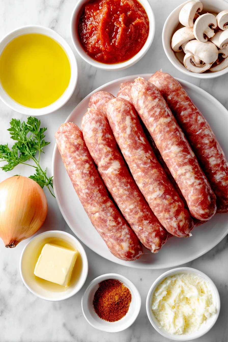 Flat lay of eight thick raw pork sausages arranged neatly, a small white ceramic bowl of golden olive oil, a pat of pale yellow butter on a simple white plate, one whole peeled onion with smooth dry skin, two whole garlic cloves with their papery skins intact, a small white ceramic bowl filled with sliced fresh chestnut mushrooms, a small white bowl holding vibrant red tomato puree, a small white bowl with smooth pale yellow Dijon mustard, a small white bowl containing rich reddish-brown smoked paprika powder, a small white bowl of clear golden chicken stock, a small white bowl of creamy white creme fraiche, and a few sprigs of bright green chopped parsley scattered artfully on a white ceramic plate, all placed on a clean white marble surface, soft natural light, photo taken with an iPhone, professional food photography style, fresh ingredients, white ceramic bowls, no bottles, no duplicates, no utensils, no packaging --ar 2:3 --v 7 --p m7354615311229779997 - Creamy Sausage Stroganoff, hearty sausage pasta, quick weeknight dinner, mushroom sausage skillet, comforting sausage recipes
