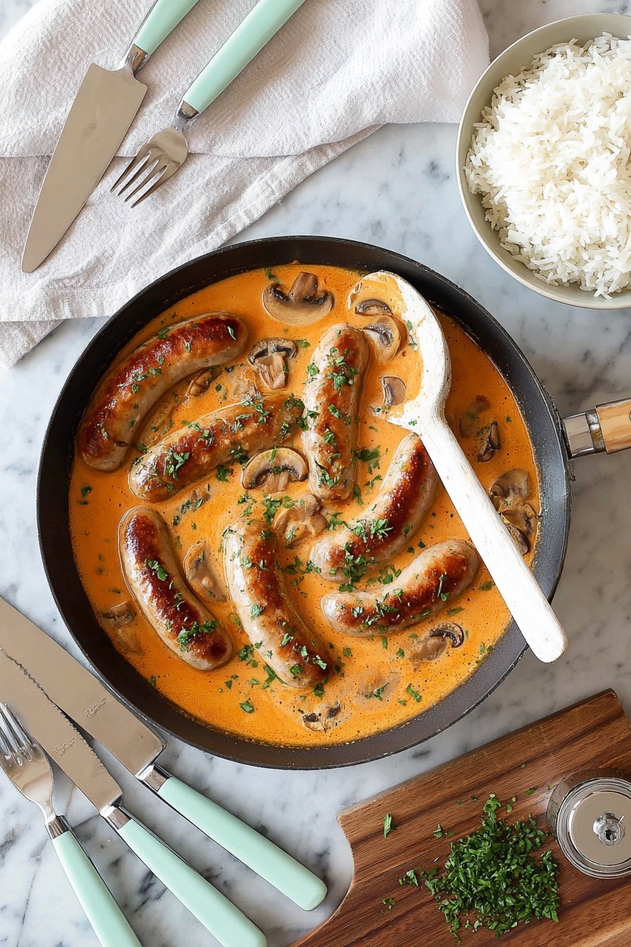 A black frying pan filled with eight lightly browned sausages cooking in a thick orange creamy sauce with slices of light brown mushrooms, sprinkled with chopped green herbs on top. A white wooden spoon rests inside the pan on the sauce. To the right, a white bowl is full of fluffy white rice. Below the pan on a wooden board are chopped green herbs and a curved silver herb chopper with wooden handles. On the left side, there is a white cloth with two silver forks and a silver spoon on it next to two pastel-colored knives with white and turquoise handles. All items are set on a white marbled surface. photo taken with an iphone --ar 2:3 --v 7 - Creamy Sausage Stroganoff, hearty sausage pasta, quick weeknight dinner, mushroom sausage skillet, comforting sausage recipes