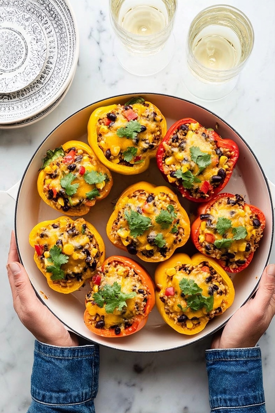 A white round pan is filled with nine stuffed bell pepper halves arranged in three rows, featuring vibrant yellow, orange, and red colors. Each pepper is filled with a mixture of brown rice or quinoa, black beans, corn, small pieces of red and yellow bell pepper, topped with melted yellow cheese and fresh green cilantro leaves. The peppers have a slightly shiny baked texture on top, showing a mix of soft melted cheese and cooked filling. Two woman’s hands hold the pan handles on each side, with one wearing a blue denim long-sleeve shirt. The background surface is white marble, with white patterned plates and two glasses of white wine nearby. photo taken with an iphone --ar 2:3 --v 7 - Mexican Stuffed Bell Peppers, stuffed bell peppers recipe, Mexican peppers, healthy stuffed peppers, easy Mexican stuffed peppers