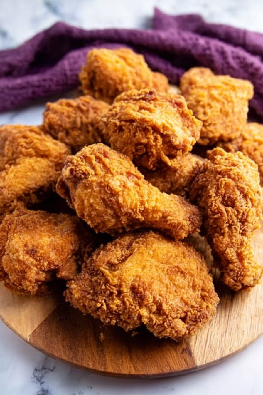 A wooden board holds a pile of golden brown fried chicken pieces, each with a crispy, rough texture. The pieces vary in size and shape, layered closely together, showing crunchy, well-fried coating. The background is a white marbled surface with a purple cloth partially visible in the upper part of the image. The lighting highlights the crunch and color of the chicken, making it look hot and fresh. photo taken with an iphone --ar 2:3 --v 7 - Crispy Southern Fried Chicken, Southern fried chicken, crispy fried chicken recipe, homemade fried chicken, classic fried chicken