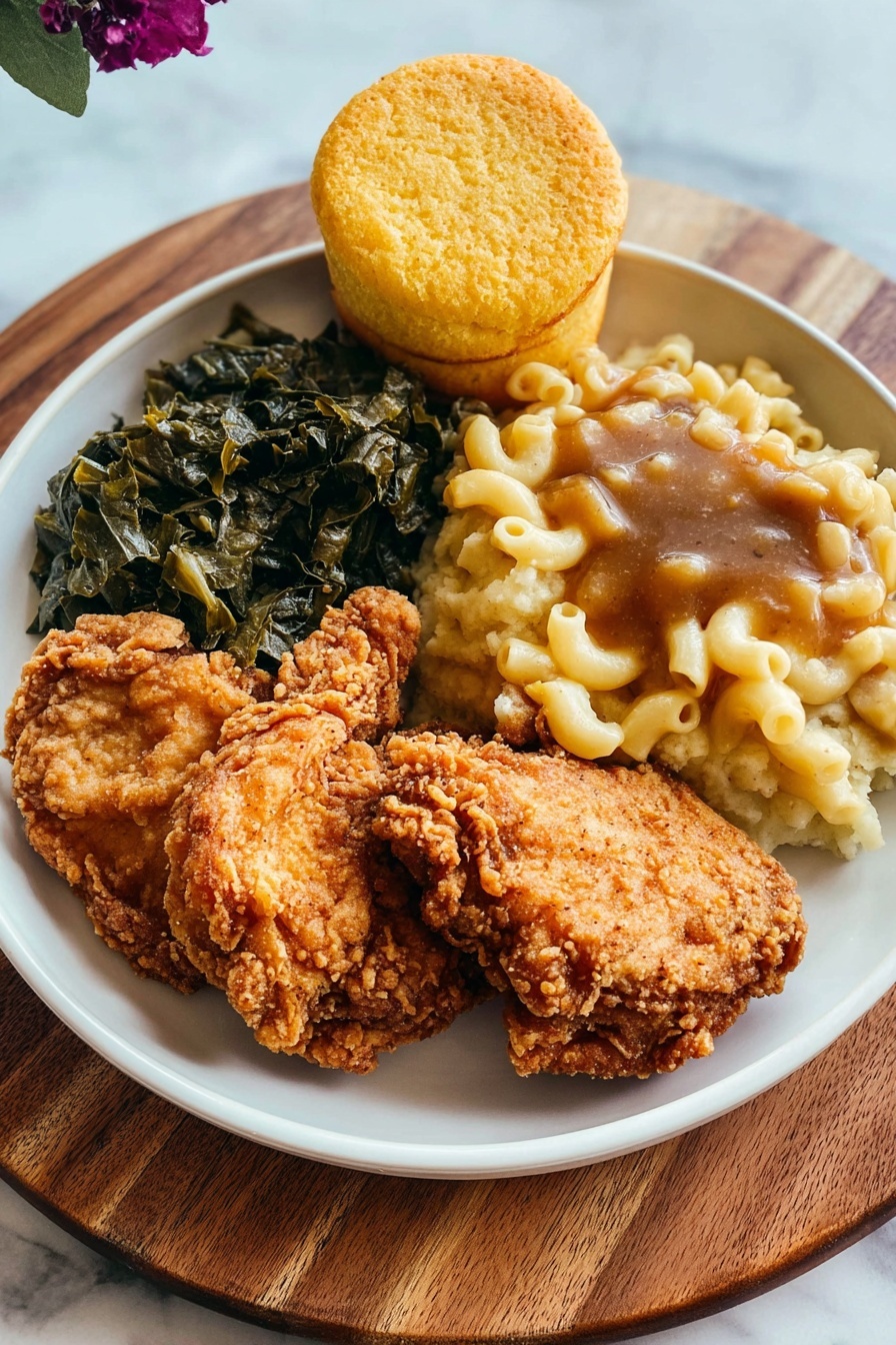 A round white plate holds a full meal with five main parts arranged in a circle. At the front are two pieces of fried chicken with a crispy golden brown crust and rough texture. To the left, dark green cooked leafy vegetables sit compactly. In the middle, creamy macaroni and cheese with soft, curly pasta coated in melted cheese is placed next to the greens. At the top, a round, golden yellow cornbread muffin with a slightly cracked top sits upright, leaning a little backward. To the right, mashed potatoes topped with thick brown gravy form a soft, lumpy pile. The plate is set on a round wooden board, with a white marbled surface around it. photo taken with an iphone --ar 2:3 --v 7 - Crispy Southern Fried Chicken, Southern fried chicken, crispy fried chicken recipe, homemade fried chicken, classic fried chicken
