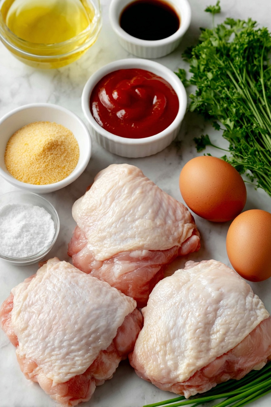Flat lay of fresh bone-in chicken thighs with skin on, two brown eggs (whole and uncracked), a small white ceramic bowl of bright red ketchup, a small white bowl of clear apple cider vinegar, a small white bowl of dark Worcestershire sauce, a small white bowl filled with golden brown sugar, a small white bowl of pale yellow mustard powder, a small white bowl with finely ground onion powder, a small white bowl of coarse sea salt, a small white bowl with cracked black pepper, a small white bowl of clear water, and a small bunch of fresh green parsley and chives arranged neatly, all placed on a clean white marble surface, soft natural light, photo taken with an iPhone, professional food photography style, fresh ingredients, white ceramic bowls, no bottles, no duplicates, no utensils, no packaging --ar 2:3 --v 7 --p m7354615311229779997 - Oven Baked BBQ Chicken with Homemade Sauce, easy baked BBQ chicken, homemade BBQ sauce recipe, juicy baked chicken thighs, simple oven chicken recipes