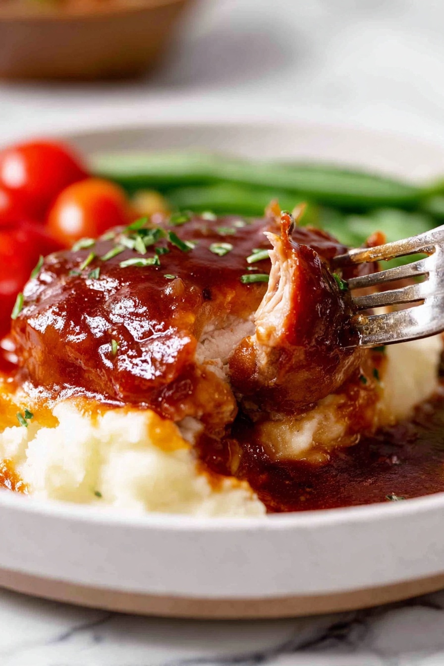 A white plate filled with three layers: the bottom layer is creamy mashed potatoes with a smooth texture, the middle layer is a thick piece of cooked meat topped with a shiny reddish-brown sauce, and the top layer has small green herb pieces sprinkled over the sauce. On the side of the plate, there are blurred cherry tomatoes and green beans adding red and green colors in the background. A fork is holding a piece of the meat, lifting it slightly from the plate. The dish is set on a white marbled surface. Photo taken with an iphone --ar 2:3 --v 7 - Oven Baked BBQ Chicken with Homemade Sauce, easy baked BBQ chicken, homemade BBQ sauce recipe, juicy baked chicken thighs, simple oven chicken recipes