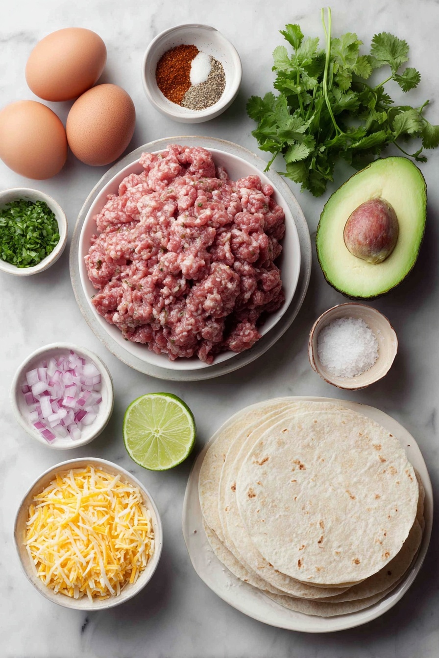 Flat lay of seasoned raw ground beef in a small white ceramic bowl, a small white bowl of ground cumin powder, a small white bowl of smoked paprika, a small white bowl of garlic powder, a small white bowl of chili powder, two uncracked brown eggs, a small white bowl of salt, a small white bowl of freshly cracked black pepper, a small white bowl with quartered cherry tomatoes, half of a sweet onion diced on a simple white plate, a small pile of chopped cilantro leaves on a white dish, half a lime cut and placed on a white plate, a whole ripe avocado sliced open showing its pit, a neat stack of warm corn tortillas on a white ceramic plate, a small mound of sharp white cheddar cheese freshly grated on a white plate, a small serving of quick pickled onions in a white bowl, fresh cilantro sprigs arranged artfully on white ceramic, all ingredients fresh and natural, arranged symmetrically and in balanced proportion, placed on a clean white marble surface, soft natural light, photo taken with an iPhone, professional food photography style, fresh ingredients, white ceramic bowls, no bottles, no duplicates, no utensils, no packaging --ar 2:3 --v 7 --p m7354615311229779997 - Easy Ground Beef Tacos, quick ground beef tacos, best beef taco recipe, simple taco dinner, flavorful beef tacos