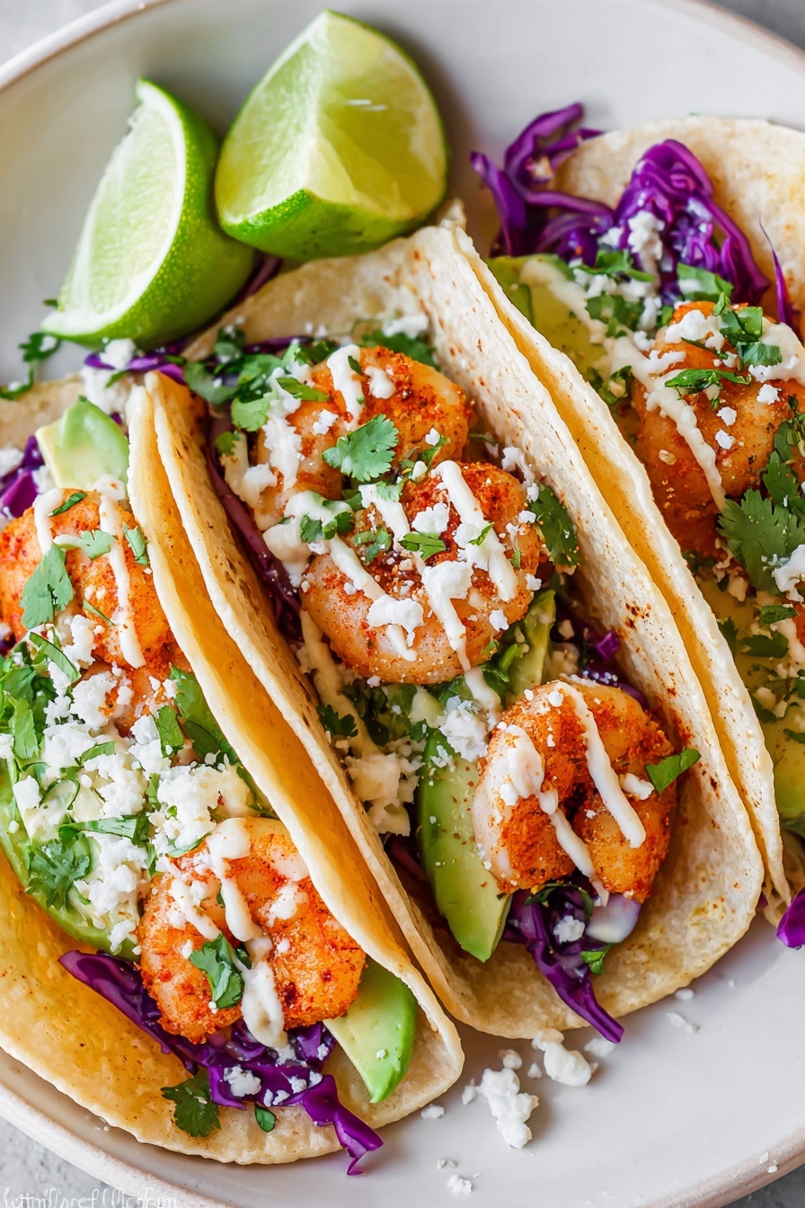 Three soft, slightly toasted corn tortillas stand next to each other on a white plate with a white marbled background. Each tortilla is folded and filled with bright orange shrimp, followed by fresh green avocado slices and purple cabbage shreds at the bottom for a crunchy texture. On top, a sprinkling of white crumbly cheese adds a light texture, while thin streaks of creamy white sauce are drizzled over the shrimp. Small green cilantro leaves are scattered around and inside for a fresh touch, and two lime wedges with a light green color sit behind the tacos, adding a fresh twist. photo taken with an iphone --ar 2:3 --v 7 - Shrimp Tacos with Lime Cilantro Sauce, Shrimp Taco Recipe, Easy Seafood Tacos, Fresh Lime Cilantro Sauce, Quick Dinner Ideas