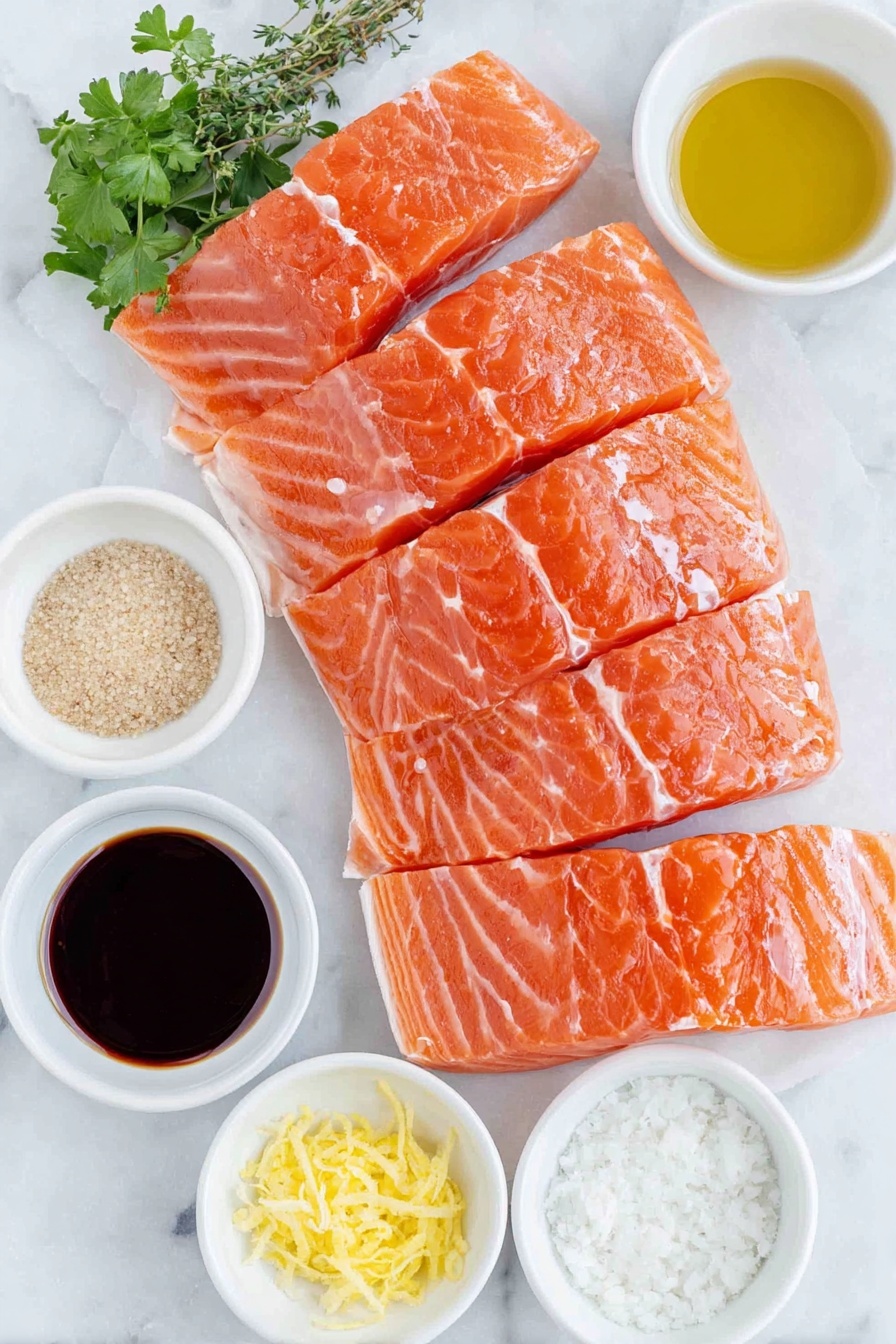 Flat lay of six fresh raw salmon fillets with vibrant orange-pink flesh and silver skin edges, a small white bowl filled with golden olive oil, a small white bowl holding coarse light brown sugar crystals, a small white bowl containing dark amber soy sauce, a small white bowl with bright yellow lemon zest strands, a small white bowl of pale creamy Dijon mustard, a small white bowl with fresh bright green parsley leaves, a small white bowl with fresh green thyme leaves, a small white bowl of white salt crystals, a small white bowl with freshly ground black pepper, a small white bowl with minced fresh garlic placed on a clean white marble surface, soft natural light, photo taken with an iPhone, professional food photography style, fresh ingredients, white ceramic bowls, no bottles, no duplicates, no utensils, no packaging --ar 2:3 --v 7 --p m7354615311229779997 - Grilled Salmon with Savory Marinade, grilled salmon recipe, easy salmon marinade, healthy grilled salmon, flavorful seafood dishes