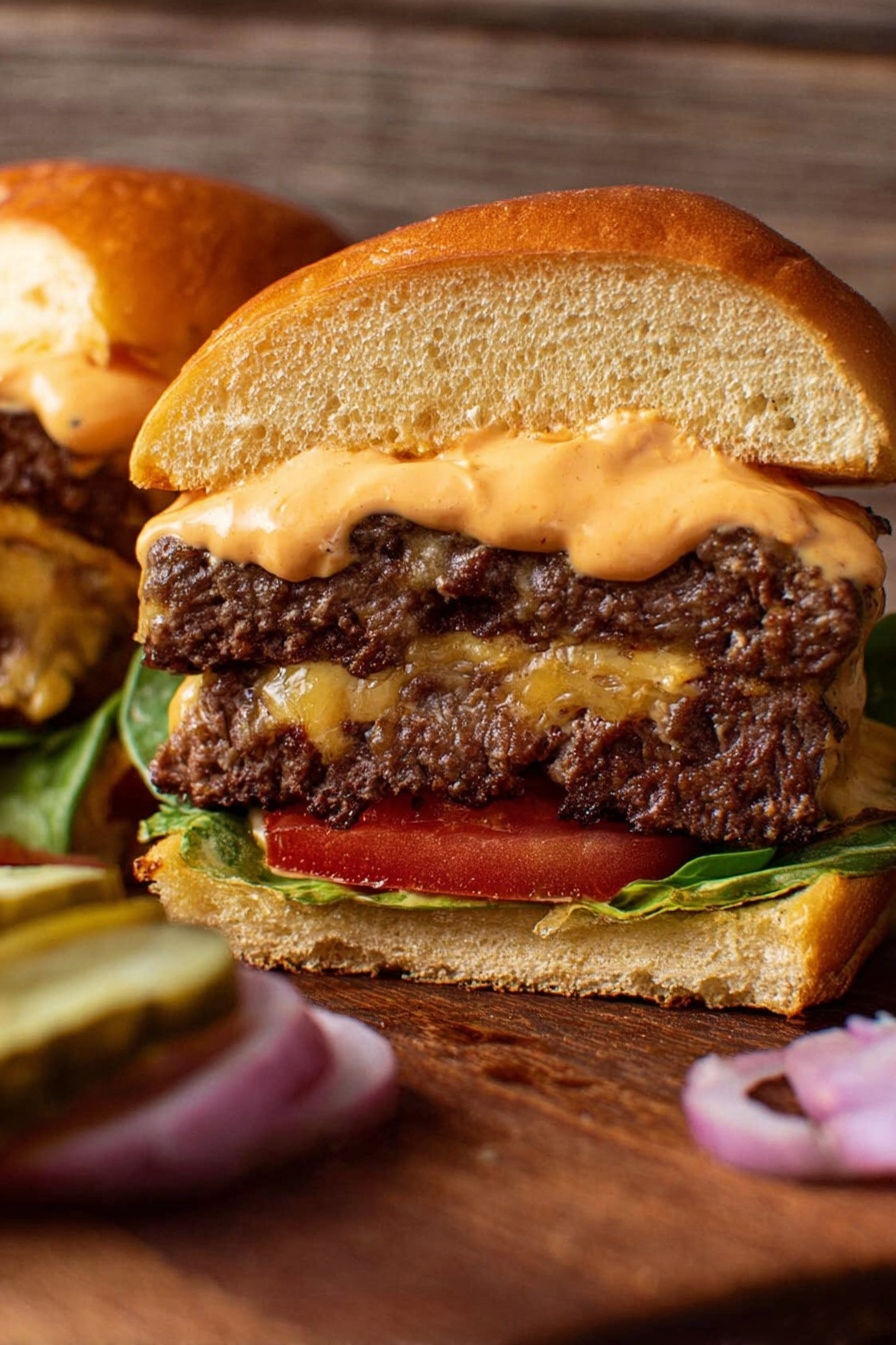 A close-up photo of a burger cut in half showing three layers: the top layer is a soft golden-brown bun with a thick spread of creamy orange sauce that looks smooth and rich; below it are two thick, brown beef patties stacked with a small slice of melted cheese between them; under the patties is a bright red tomato slice resting on a green leaf, placed on the bottom soft golden-brown bun. The burger is set on a wooden board with a few pickle slices and some red onion rings blurred in the foreground. The background shows a wooden surface. Photo taken with an iphone --ar 2:3 --v 7 - Juicy Cheeseburger with Special Sauce, Cheeseburger recipe, Juicy burger with special sauce, Best cheeseburger, Easy burger recipe