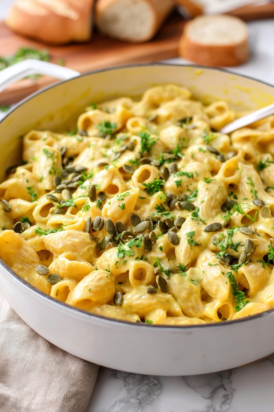 The image shows a white pan filled with creamy macaroni pasta coated in a pale yellow sauce. The pasta is topped with green pumpkin seeds and finely chopped fresh parsley, adding small splashes of green color. The pan is set on a white marbled surface with a beige cloth nearby, and there is blurred bread on a wooden board in the background. photo taken with an iphone --ar 2:3 --v 7 - Creamy Pumpkin Pasta, pumpkin pasta recipe, easy pumpkin pasta, comforting pumpkin pasta dish, fall pasta recipes