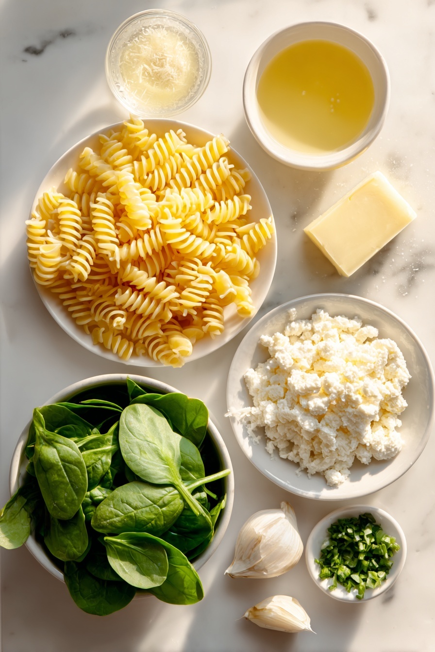 Flat lay of dry uncooked farfalle pasta arranged in a neat pile, a small mound of crumbled creamy goat cheese, a small white bowl filled with freshly grated pale yellow parmesan cheese, a small white bowl with clear fresh lemon juice, a pat of golden butter on a simple white ceramic plate, a single peeled garlic clove finely minced shown in a small white bowl, a packed bunch of vibrant fresh baby spinach leaves, and a small handful of bright green chopped fresh basil leaves in a white ceramic bowl, all placed on a clean white marble surface, soft natural light, photo taken with an iPhone, professional food photography style, fresh ingredients, white ceramic bowls, no bottles, no duplicates, no utensils, no packaging --ar 2:3 --v 7 --p m7354615311229779997 - Creamy Spinach Goat Cheese Pasta, spinach goat cheese pasta, creamy goat cheese pasta, easy spinach pasta, quick vegetarian pasta
