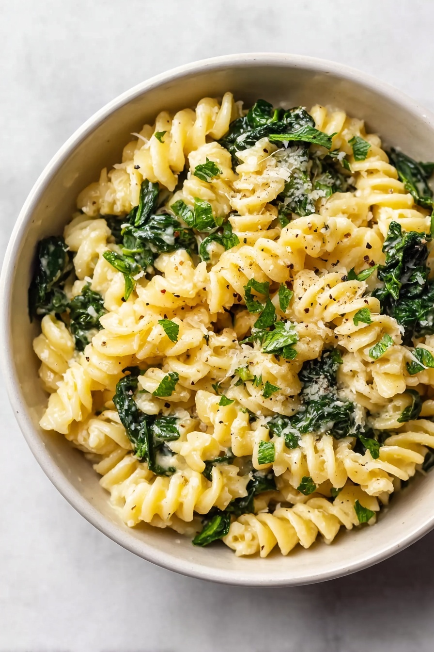 A white bowl filled with creamy spiral pasta mixed with dark green leafy spinach. The spirals are light yellow and soft-looking, coated evenly with a pale, creamy sauce. Small green herb pieces and a sprinkle of grated white cheese are scattered on top, with tiny black pepper flakes adding texture. The bowl sits on a white marbled surface, and the photo captures the fresh and simple look of the dish. photo taken with an iphone --ar 2:3 --v 7 - Creamy Spinach Goat Cheese Pasta, spinach goat cheese pasta, creamy goat cheese pasta, easy spinach pasta, quick vegetarian pasta